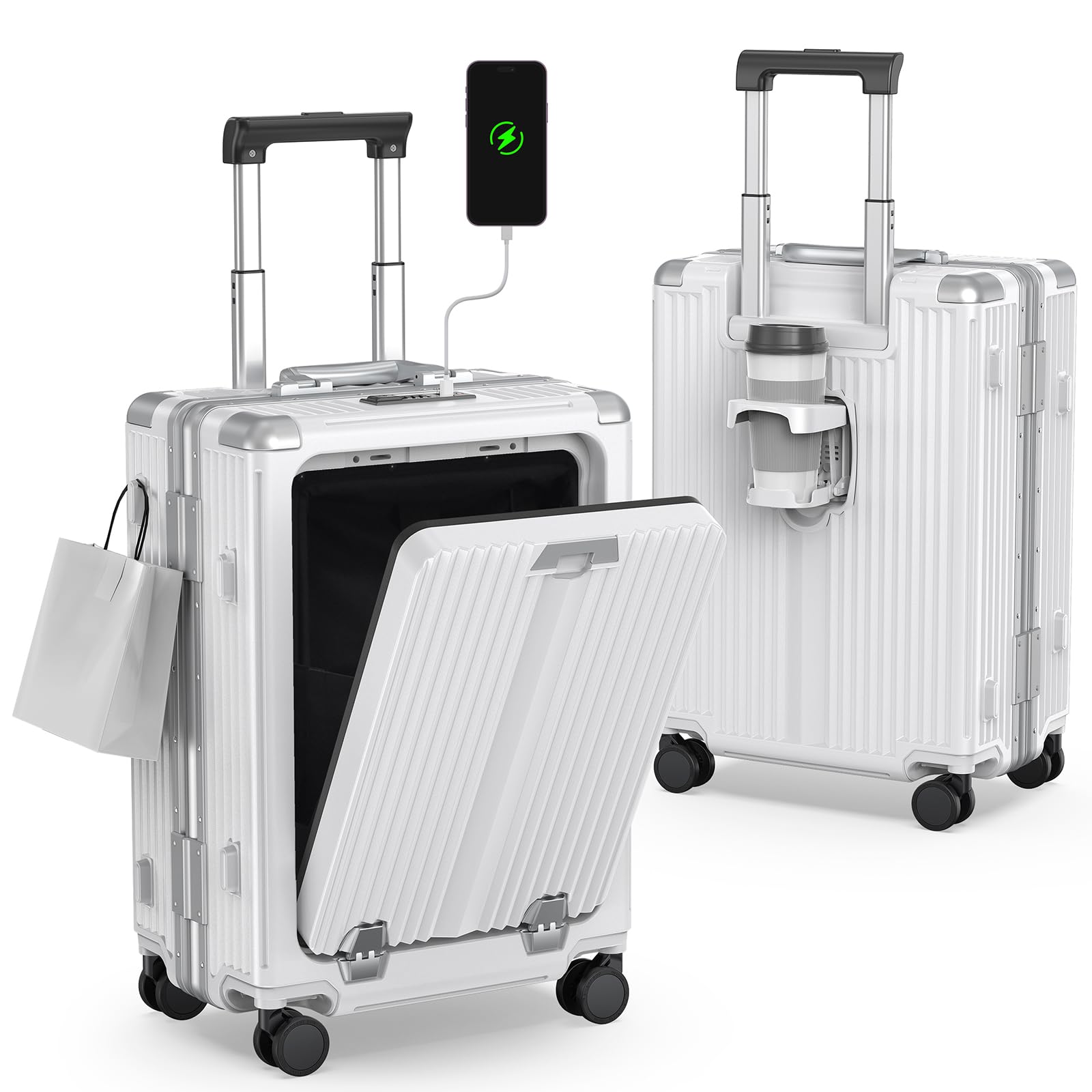 TSA Approved 22x14x9 Inch Carry On Luggage with 360° Spinner Wheels - Aluminum Frame Business Suitcase with Laptop Compartment & Cup Holder, Flexible Handle for Air Travel (White) - Perfect for Business Trips & Weekend Getaways