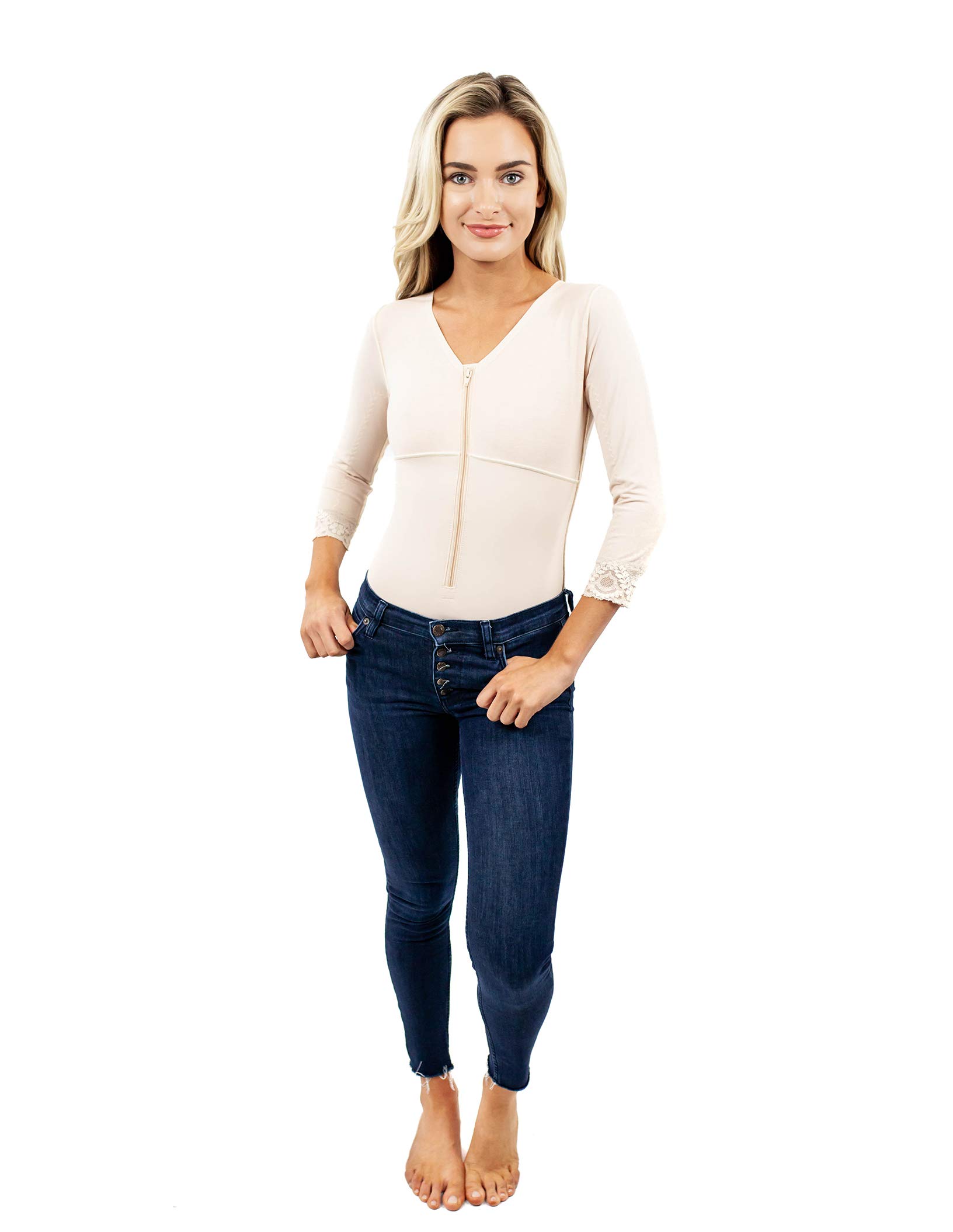 ContourMD Full Body Shaper for Women with Sleeves - Mid Calf Compression Garments in Beige (Size 28S) | Slimming Shapewear for Everyday Wear, Postpartum Recovery & Special Occasions