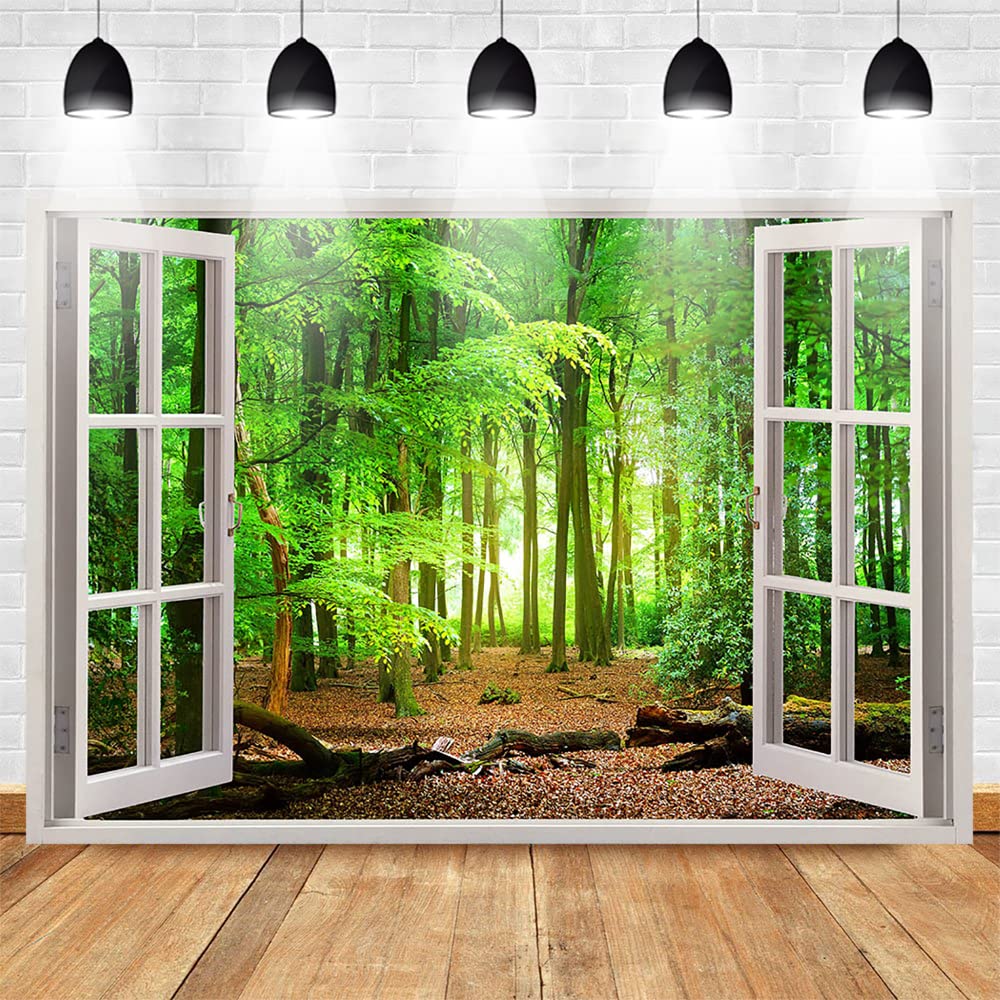 8x6ft Green Forest Trees Backdrop - Spring Window View Nature Scenery Wall Decoration for Baby Kids Portrait, Party Banner & Photo Booth Props | Perfect for Birthday Parties, Baby Showers, and Indoor Photography