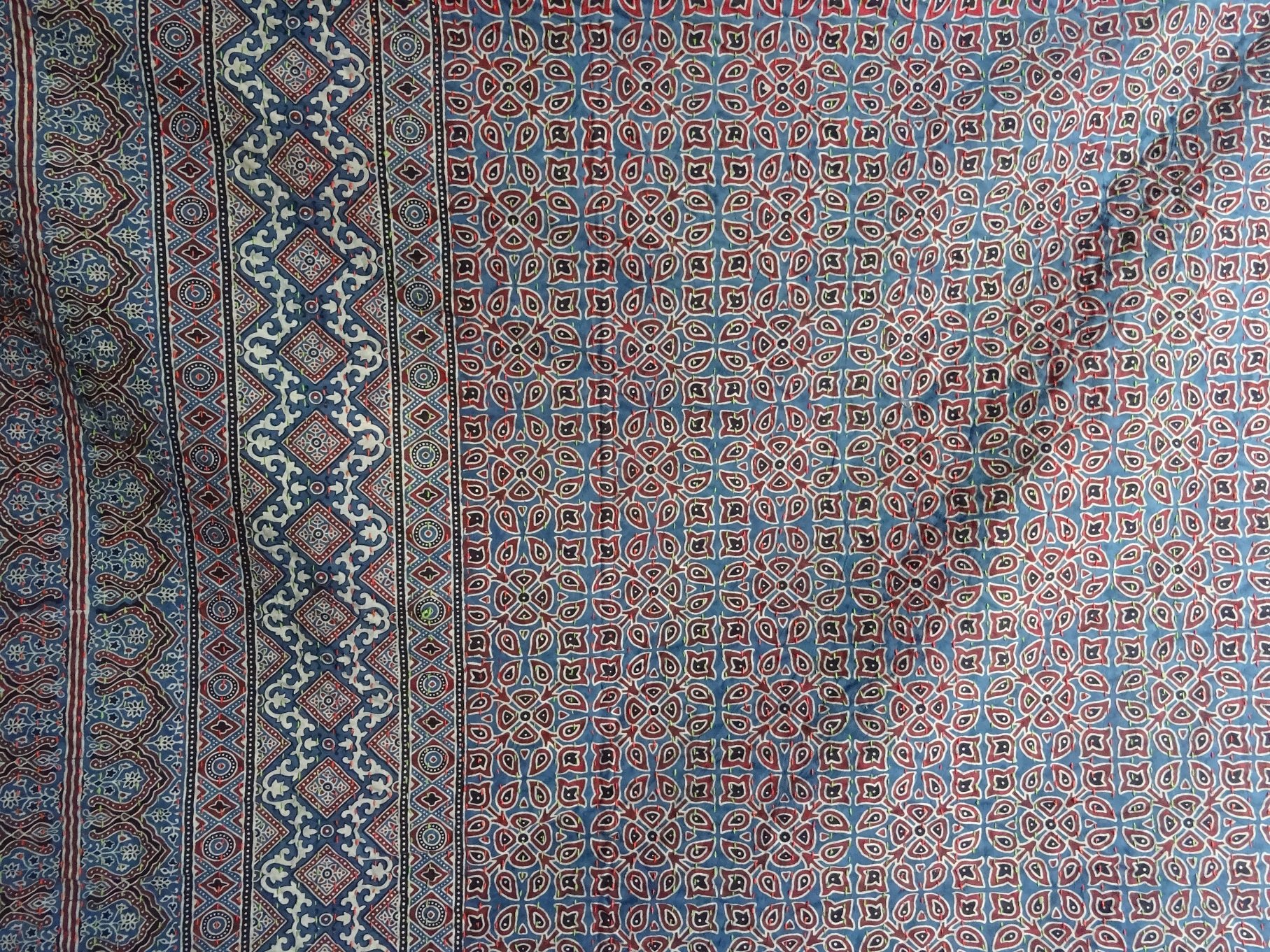 Sophia-Art Handmade Indian Kantha Quilt - Reversible Cotton Sari Bedspread with Ajrakh Block Print | Boho Chic Bed Cover for Master Bedroom, Guest Room & Dorm Decor | Traditional Hand-Stitched Gudri Ralli Quilted Throw Blanket