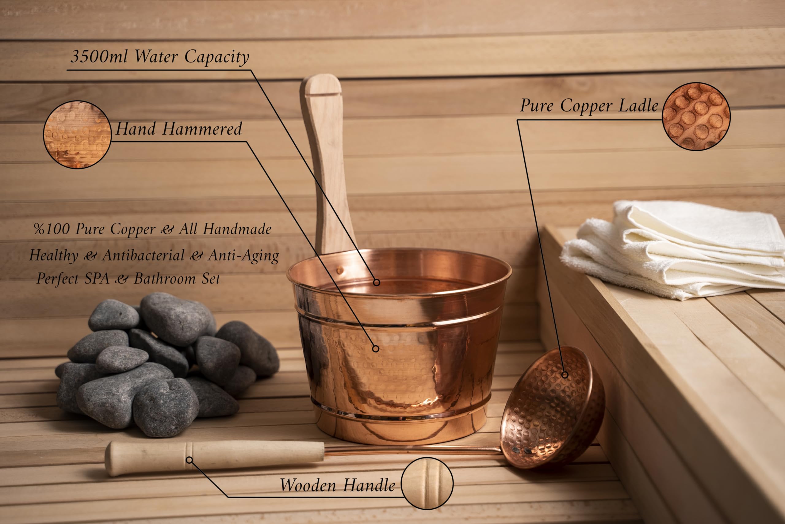 Handmade 100% Solid Copper Sauna Bucket and Ladle Set | Hammered Copper Spa Accessories | Turkish Hammam Gift | Perfect for Sauna, Steam Room & Home Spa Relaxation