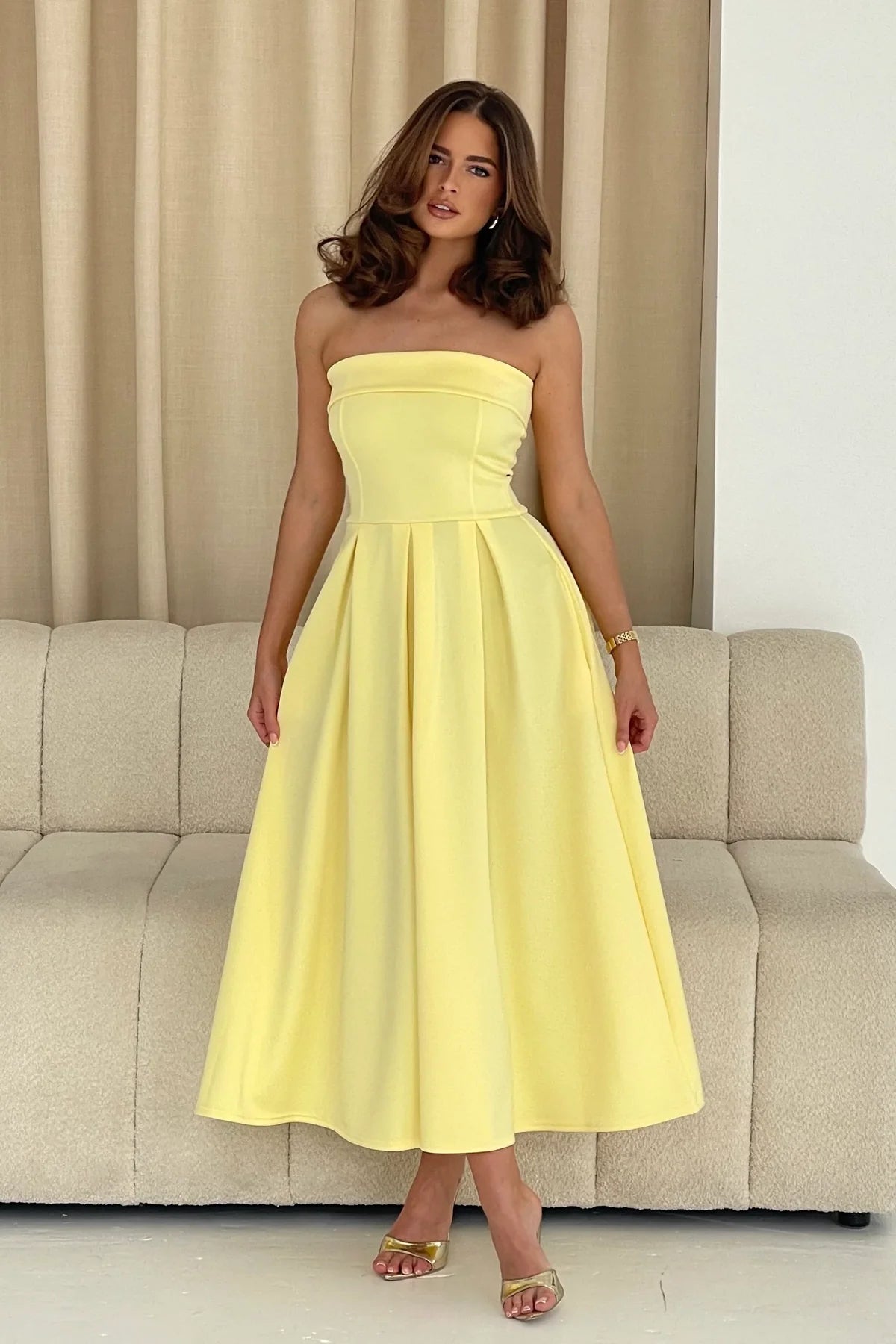 Danni Strapless Bandeau Midi Dress for Women - Yellow Flowy Summer Dress for Beach, Party & Vacation