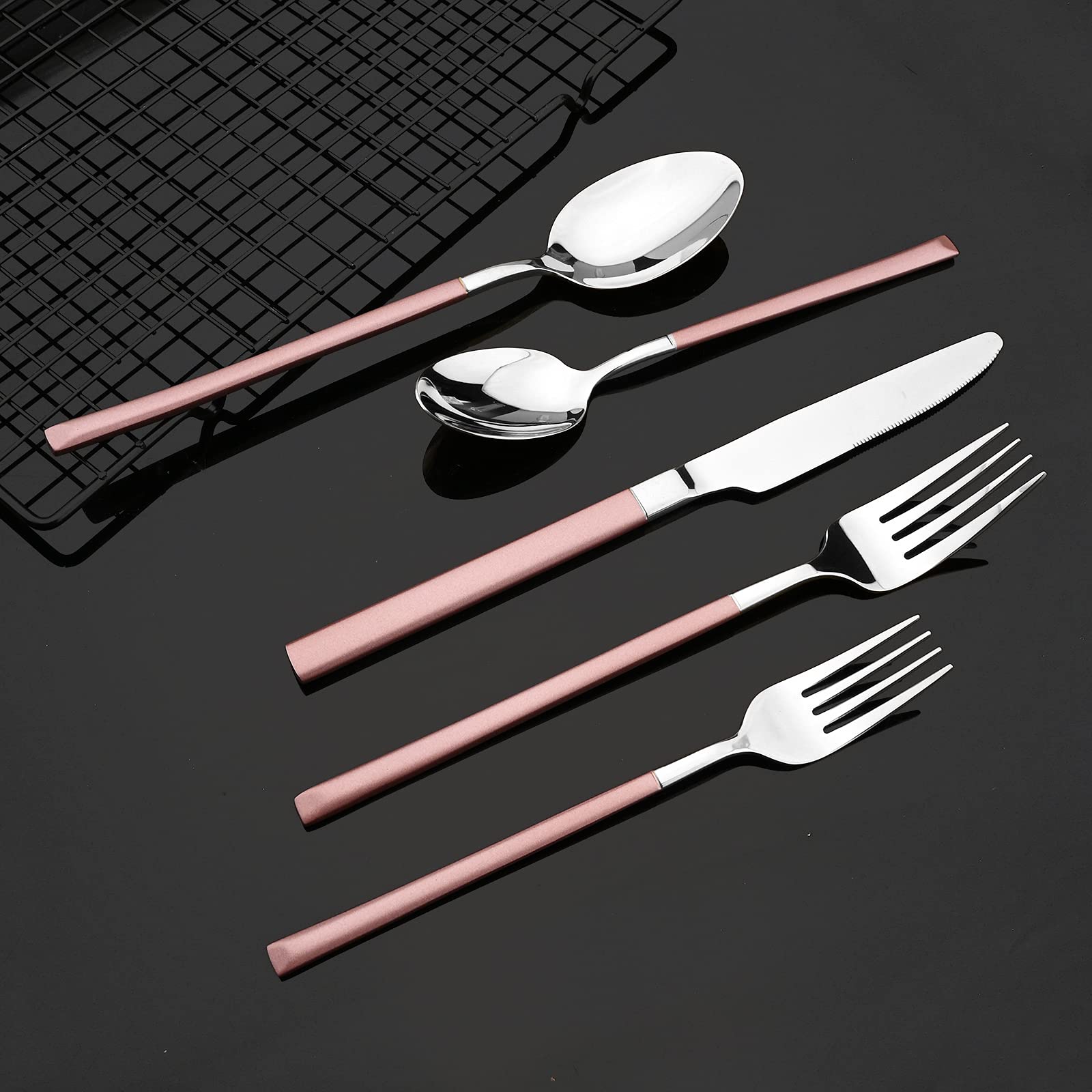 JASHII 20-Piece Stainless Steel Flatware Set - 18/10 Silverware Service for 4 with Dinner Forks, Spoons & Knives - Square Edge Mirror Polished Cutlery Set (Dishwasher Safe, Pink Silver) - Perfect for Dining, Wedding Gifts & Home Kitchen Essentials