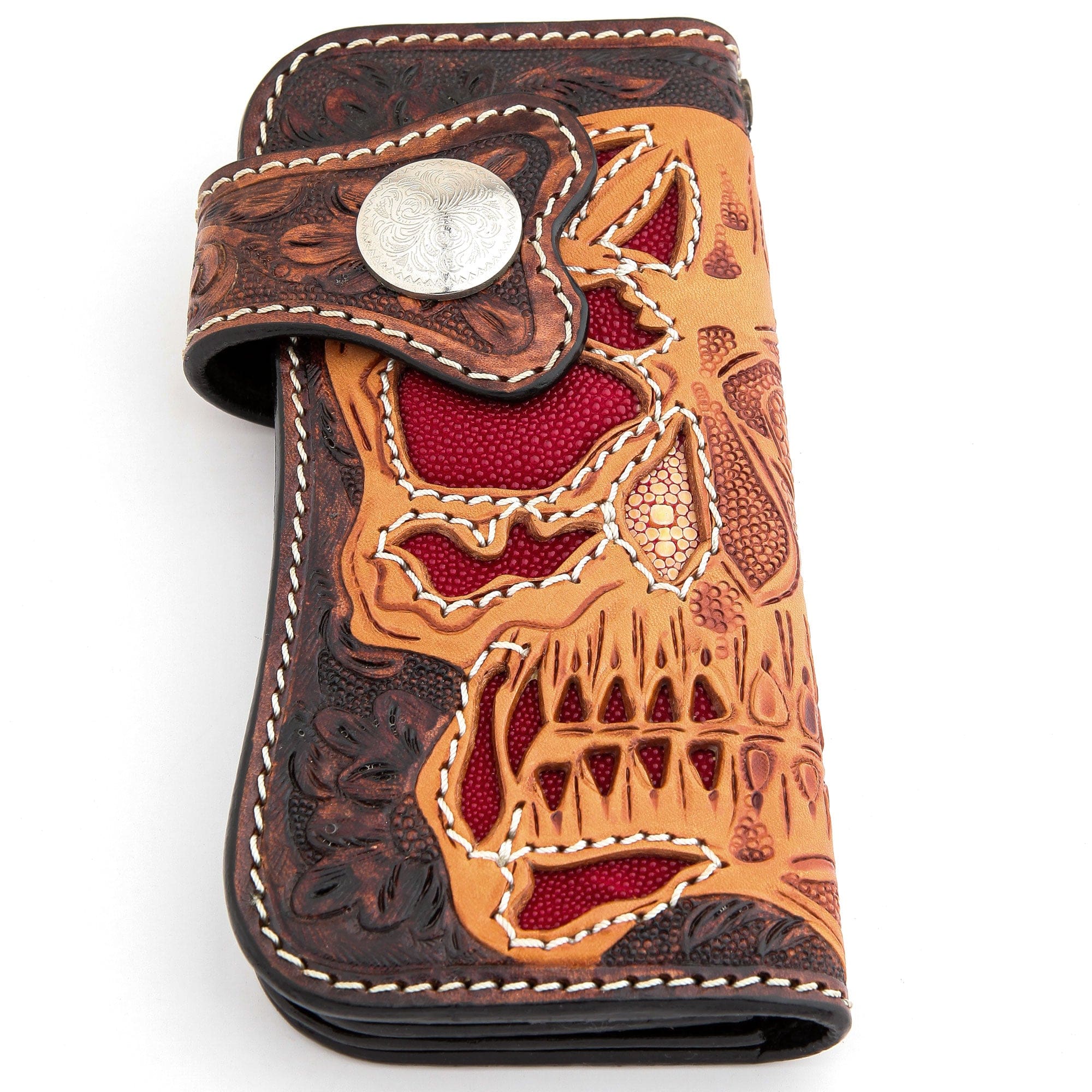 Handmade Genuine Red Stingray Leather Biker Wallet with Skull Design - Perfect for Motorcycle Riders & Gift for Men