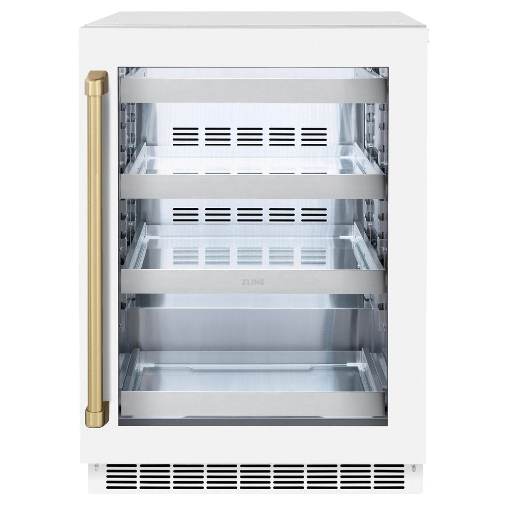ZLINE Autograph Edition 24 Inch Touchstone 151 Can Beverage Refrigerator - White Matte Glass Door with Champagne Bronze Handle - Compact Mini Fridge for Home, Office, Bar, or Man Cave (RBSOZ WM 24 CB)
