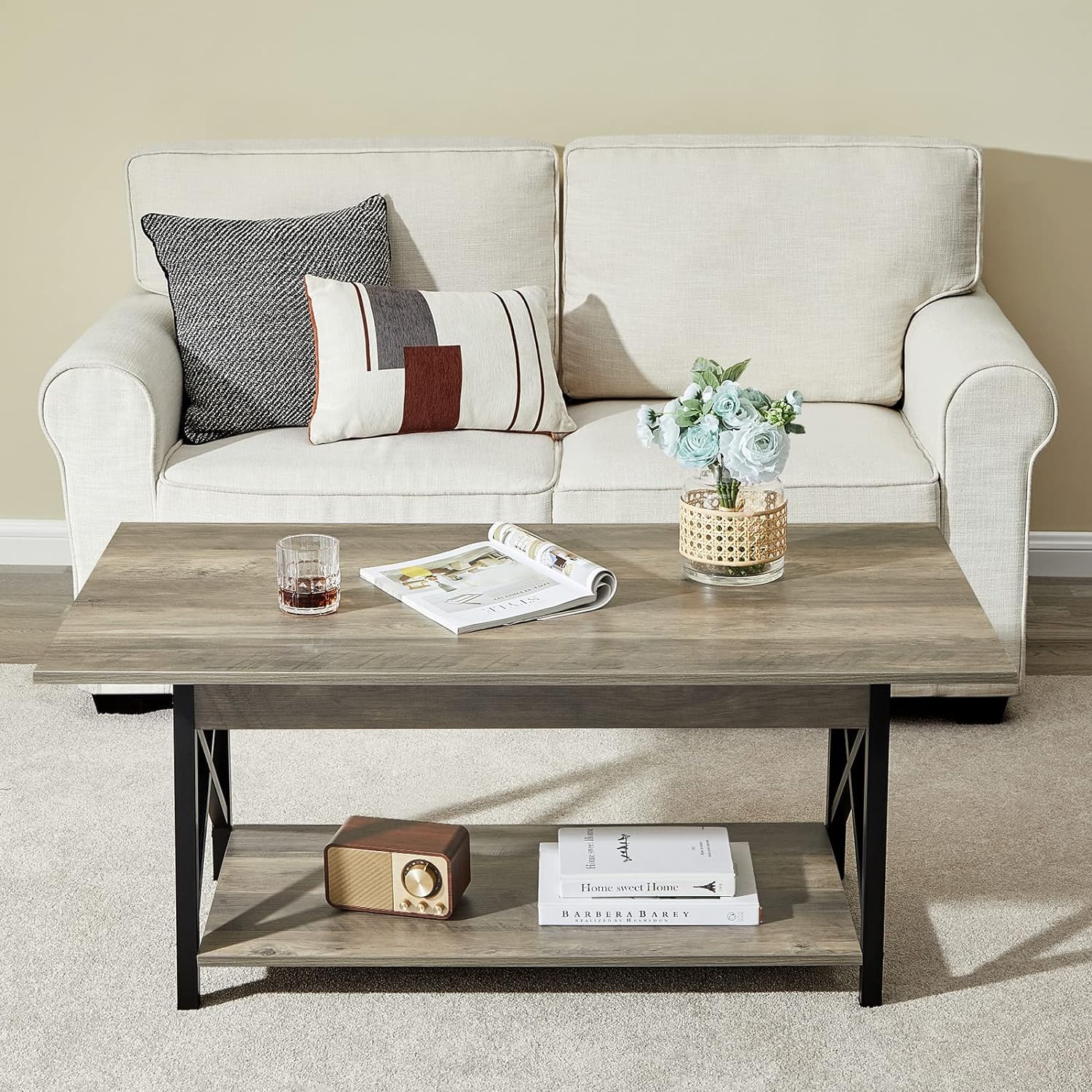 Modern Grey Wash Coffee Table with Storage - X-Frame Design for Small Living Rooms