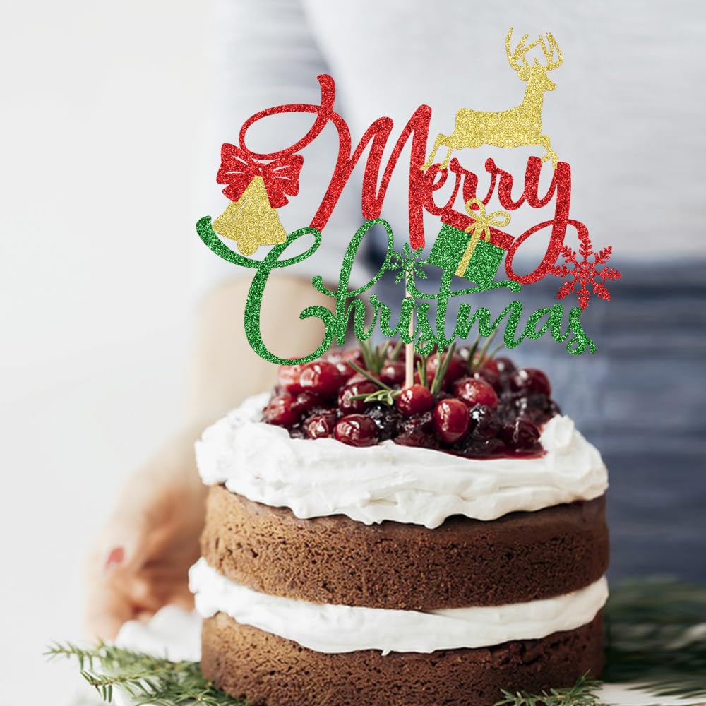 Festive Christmas Cake Topper - Red & Green Glitter Cake Decorations for Holiday, New Year & Birthday Parties | Perfect for Christmas Desserts, Cupcakes & Celebration Cakes