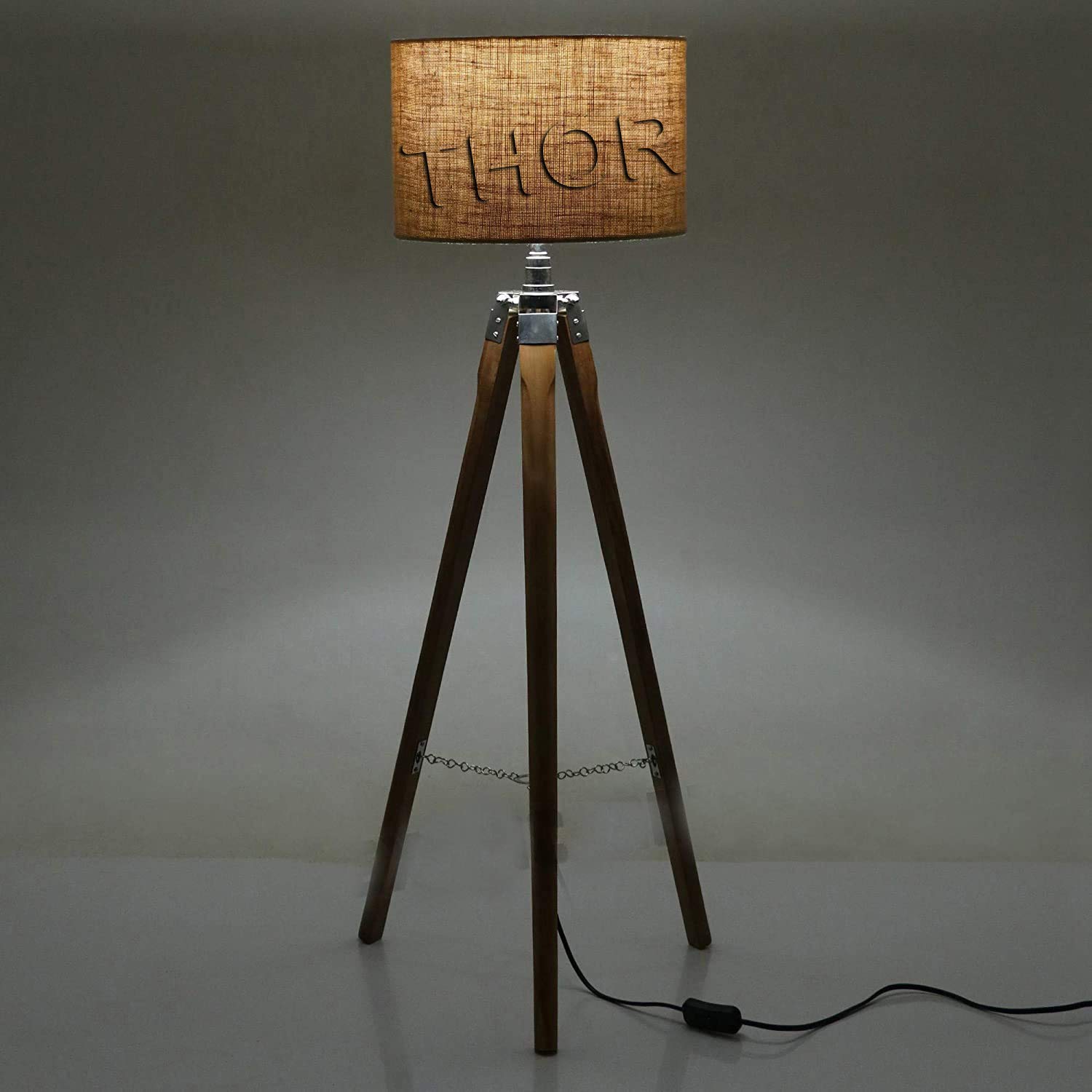 Modern Natural Wood & Silver Chrome Tripod Floor Lamp - Rustic Vintage Home & Office Decor - Perfect for Living Room, Bedroom, Study (Shade Not Included)
