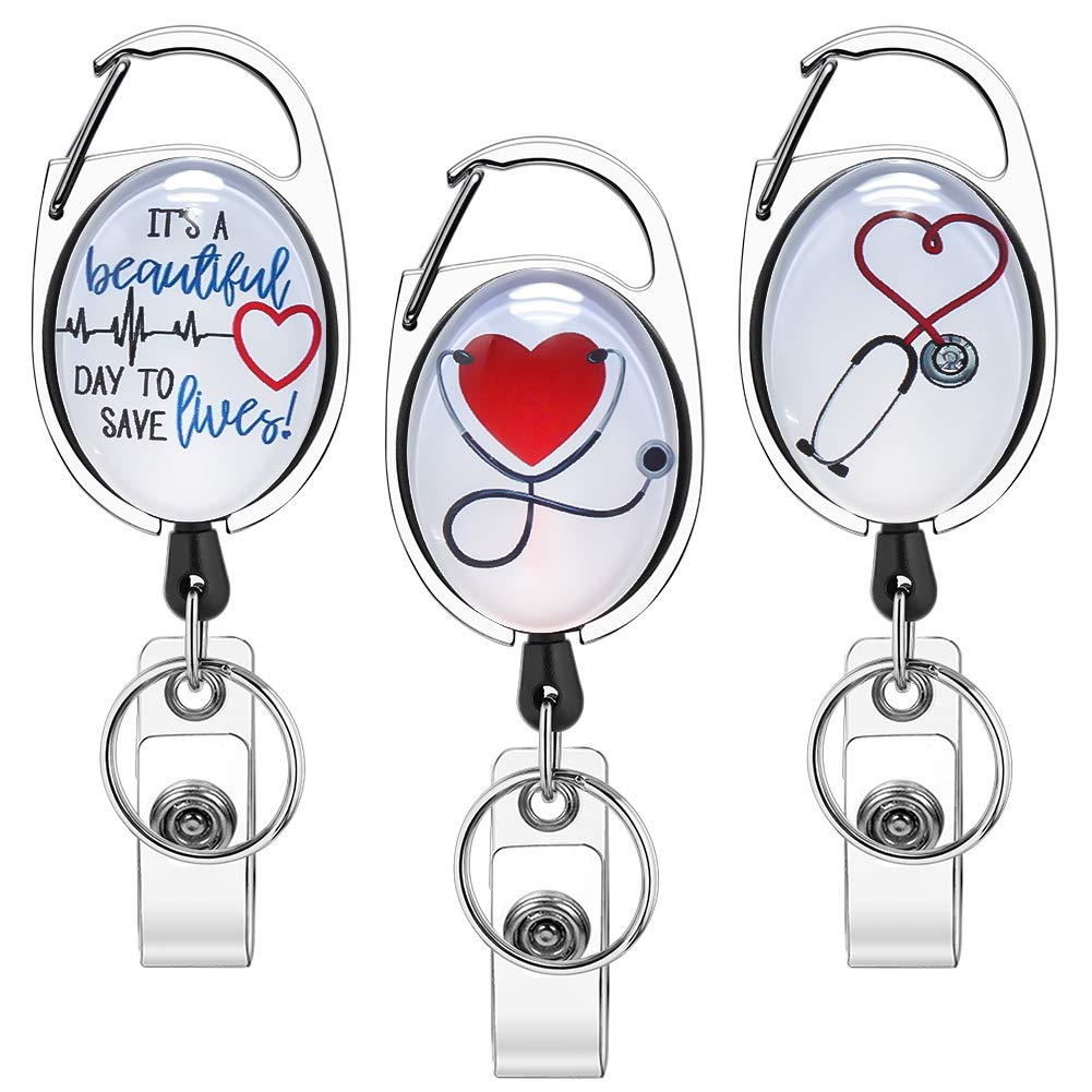 Xoqo Heavy Duty Retractable Badge Reel with Carabiner - 3 Pack Crystal Glass Badge Holders with Belt Clip & Key Ring for Office, Doctor, Nurse - Heartbeat & Stethoscope Design - Ideal for Healthcare Professionals, Hospital Staff & Corporate ID Cards