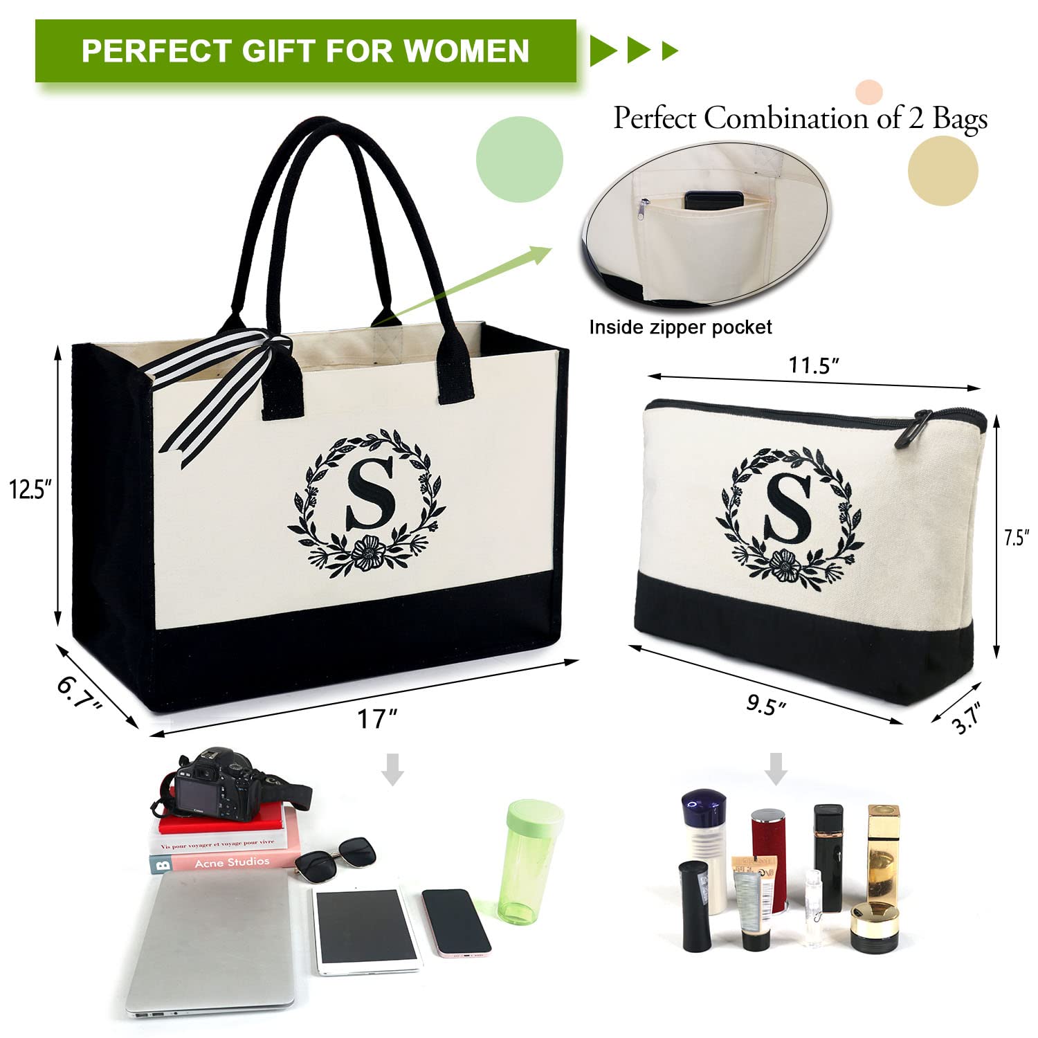 Personalized Monogram Embroidery Tote Bags for Women - BeeGreen Initial Tote with Makeup Pouch & Inner Zipper Pocket - Perfect Gift for Birthday, Mother, Hostess & Bridesmaid (Letter S) - Great for Work, Travel & Shopping