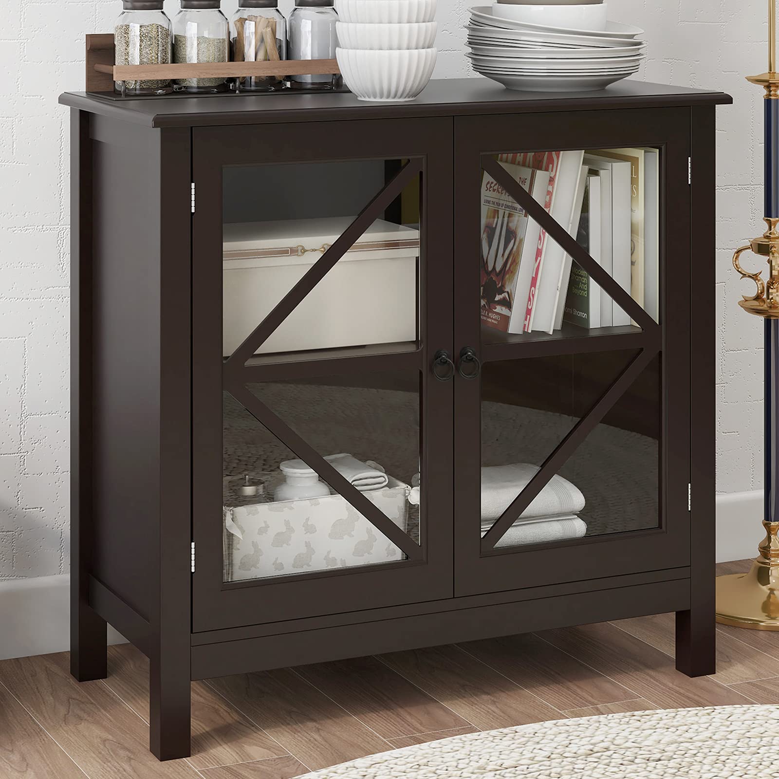 RASOO Sideboard Cabinet with Double Glass Doors - Buffet Storage Cabinet for Kitchen, Dining Room & Entryway - Espresso Wood Console Table & Cupboard for Home Decor | Perfect for Displaying China, Storing Linens & Organizing Dining Essentials