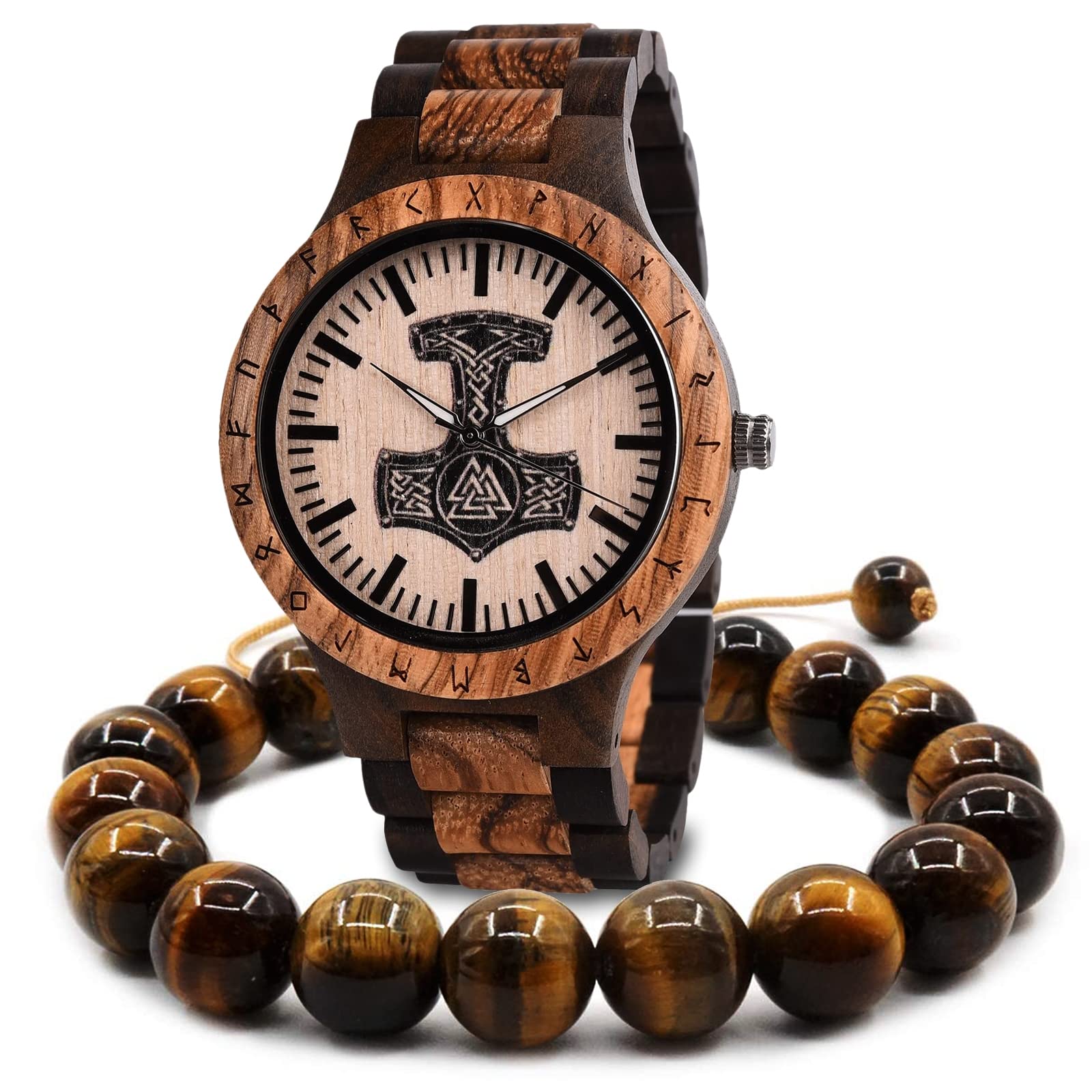 Thor Mjolnir Hammer Viking Men's Wooden Engraved Wrist Watch - Analog Quartz Timepiece with Adjustable Bamboo Band - Norse Mythology Inspired Gift Set in Wooden Box (Perfect for Viking Lovers, Cosplay & Unique Gifts)