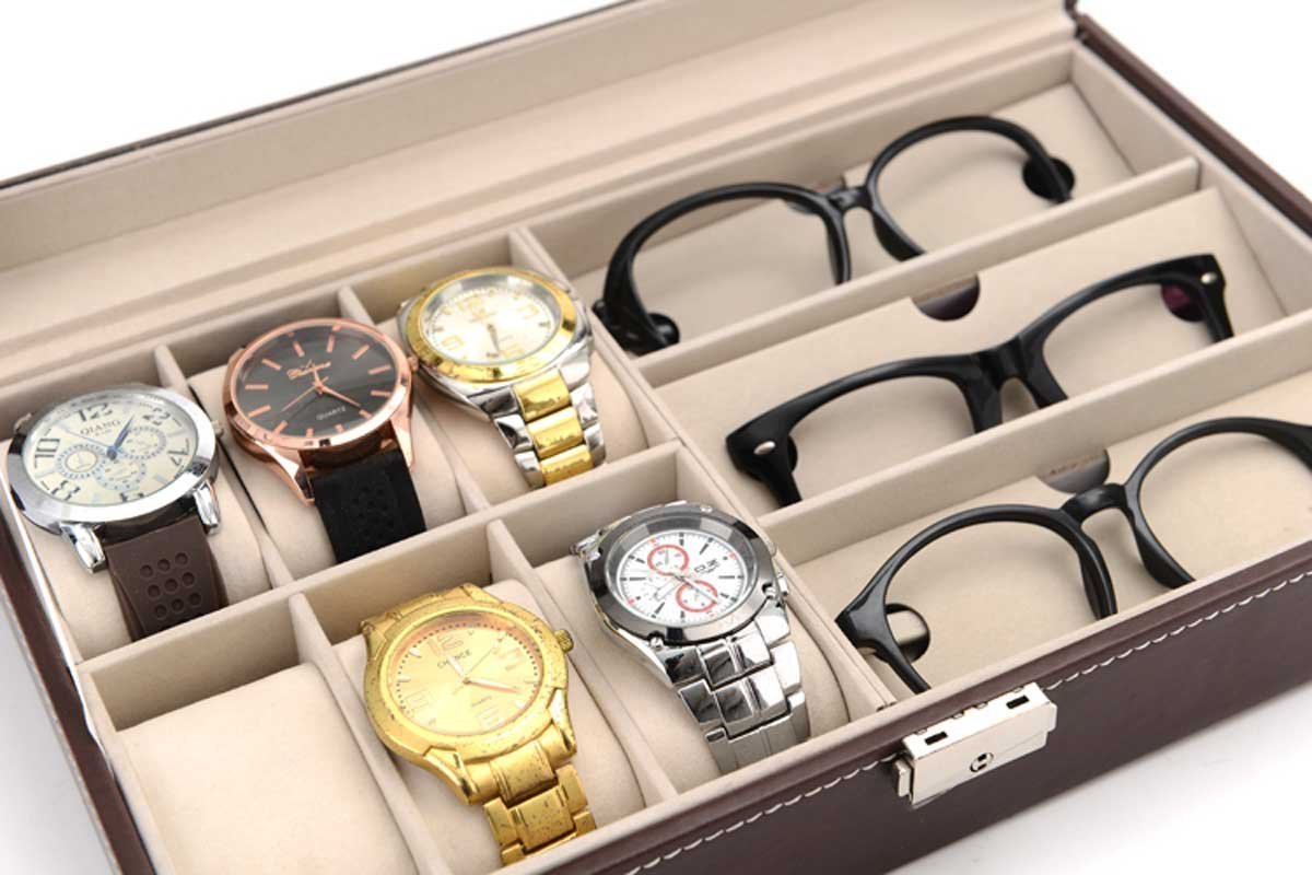 AUTOARK Genuine Leather 6-Slot Watch Box & 3-Piece Eyeglass Storage Organizer - Premium Sunglasses Display Case for Men & Women, Brown (AW-020) | Perfect for Home, Office & Travel Accessory Organization