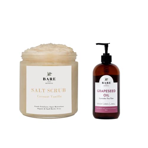 Bare Botanics Bestsellers Body Oil & Body Scrub Bundle - Lavender Tea Tree Grapeseed Oil & Coconut Vanilla Body Scrub for Dry Skin | Hydrating & Exfoliating Set for Spa Day & Self Care Routine