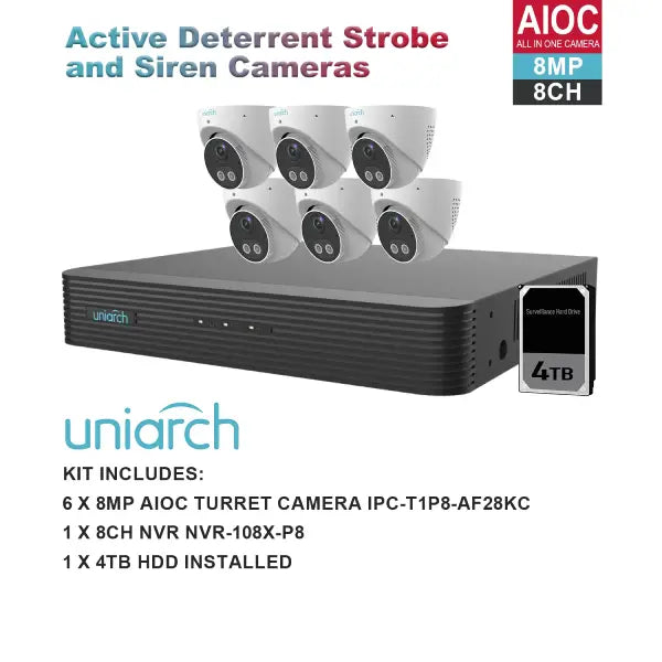 Uniarch K8086AIOC 8MP 8-Channel CCTV Security System with Active Deterrence - Home & Business Surveillance Kit for 24/7 Monitoring