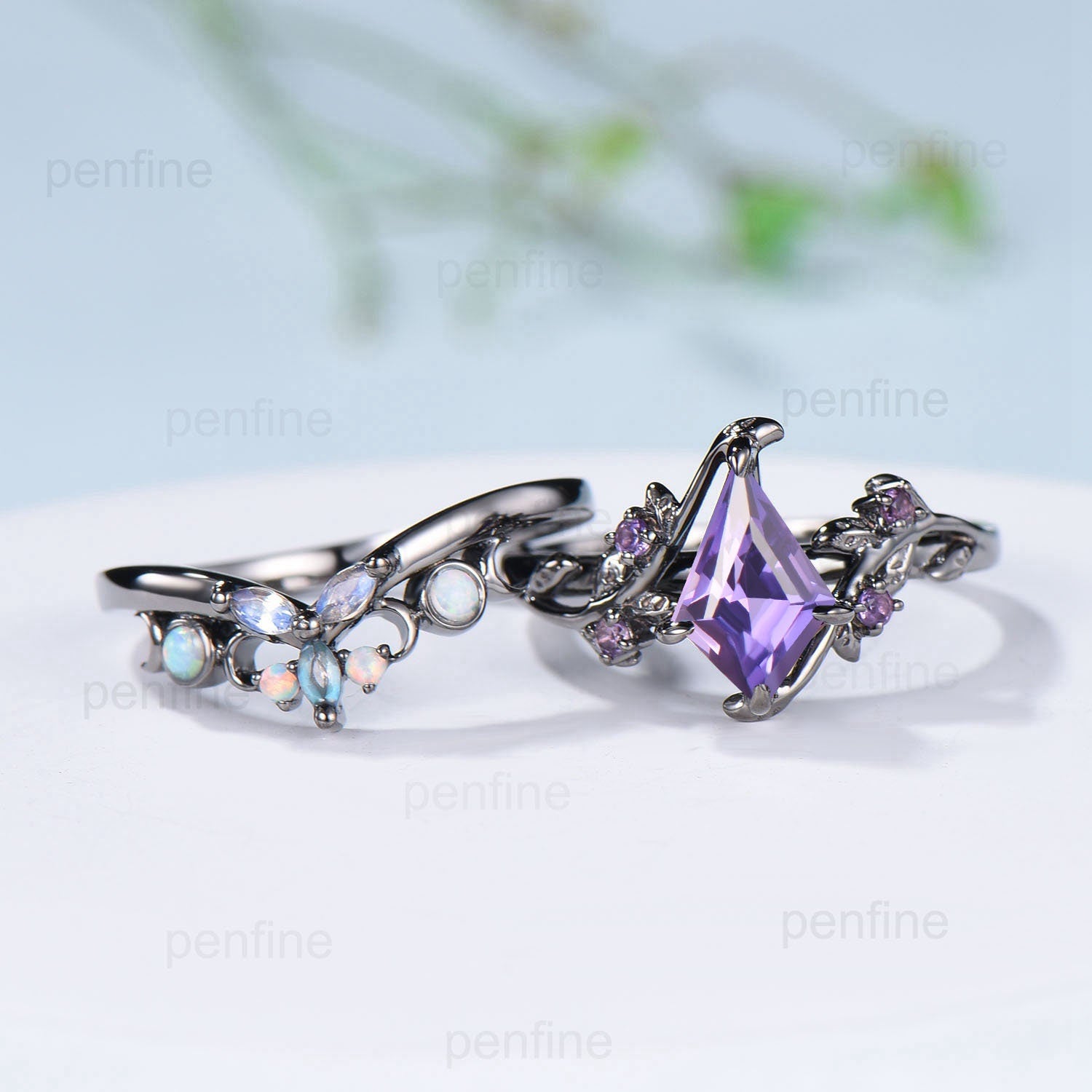 Vintage Nature Inspired Purple Sapphire & Amethyst Engagement Ring Set with Twig Vine Design - Marquise Moonstone Opal Stacking Wedding Rings for Women, Perfect for Boho Bridal Jewelry, Anniversary Gifts & Everyday Elegance