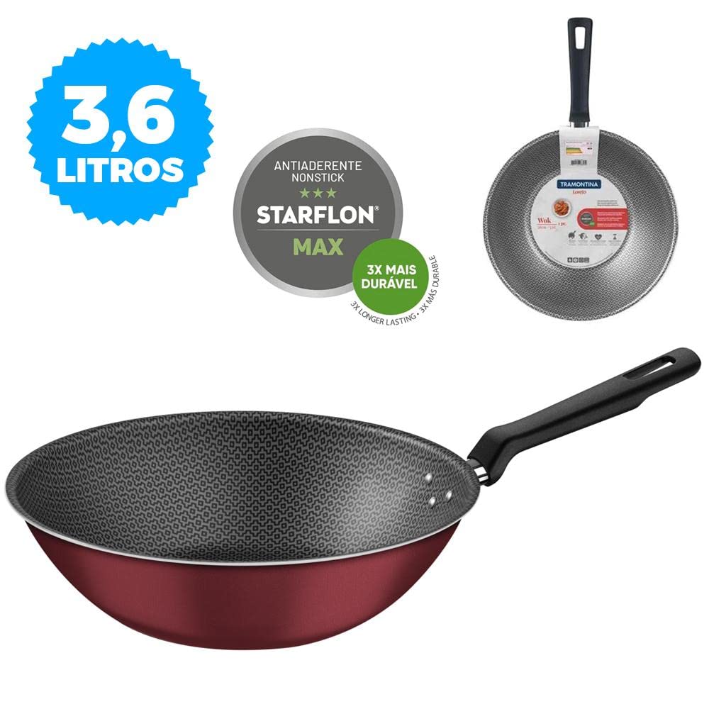 Tramontina Loreto 28cm Red Non-Stick Aluminum Wok Pan with Starflon Max Coating - 3.6L Capacity - Perfect for Stir-Frying, Sautéing & Asian Cooking