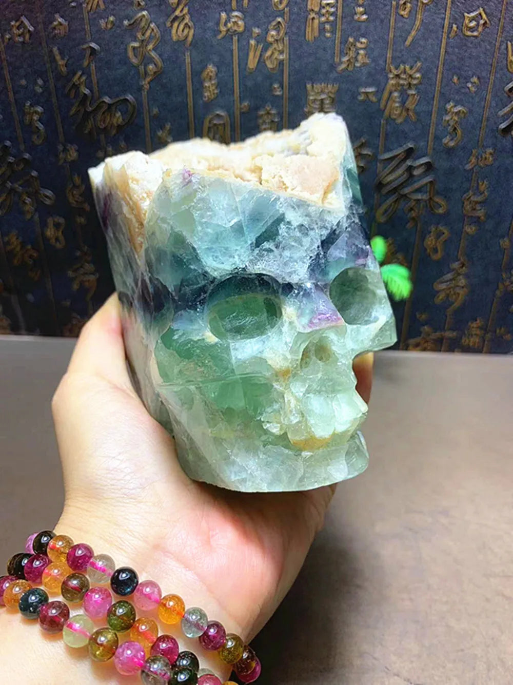 Natural Quartz Crystal Hand Carved Fluorite Skull - Unique Home Decor & Spiritual Healing Stone for Meditation, Yoga, and Feng Shui