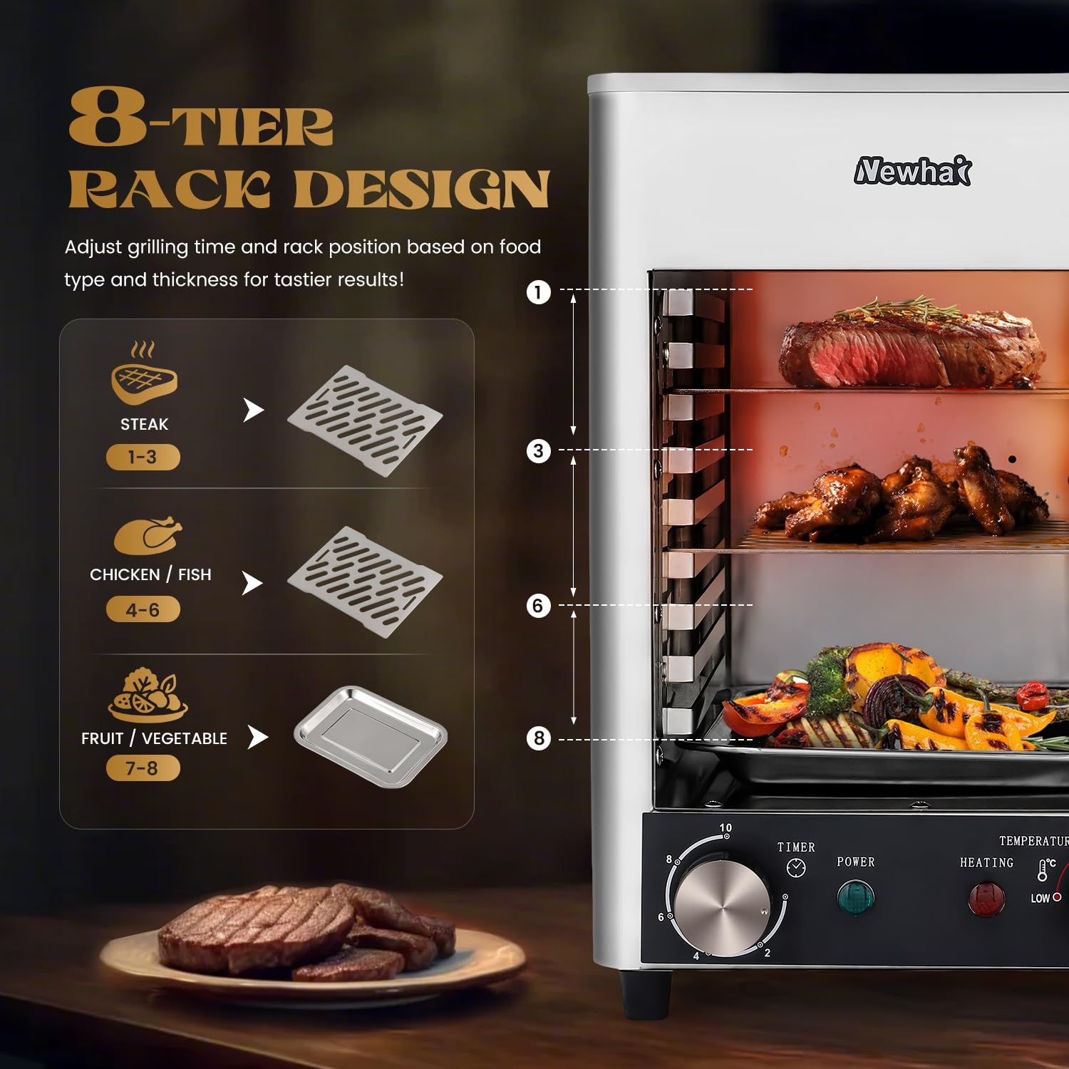 Newhai 1700W Electric Steak Broiler - Commercial Indoor Grill with Adjustable Time & Temperature for Beef, Chicken, Vegetables - Perfect for Restaurants, Home Kitchens & Carnivores (110V US Plug)
