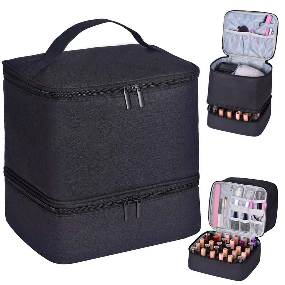 Upgraded Nail Polish Organizer Case - Holds 30 Bottles & 1 Nail Light, Double Layer Portable Nail Polish Storage Bag with Handles (Style B-Black) | Perfect for Salon Professionals, Travel & Home Organization