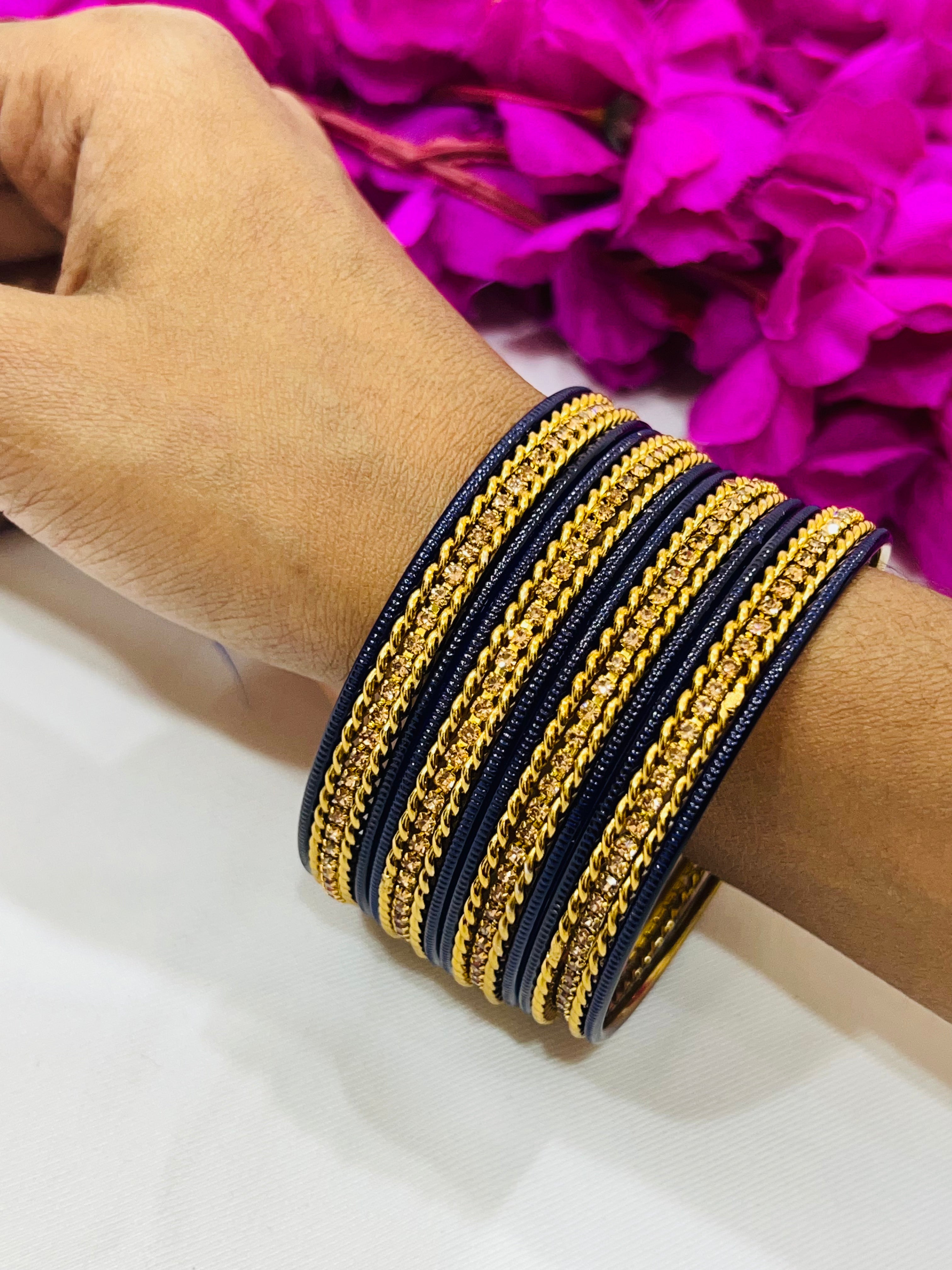 Exquisite Navy Blue Metal Bangles with Golden Stone for Women - Elegant Jewelry for Parties, Weddings & Everyday Wear