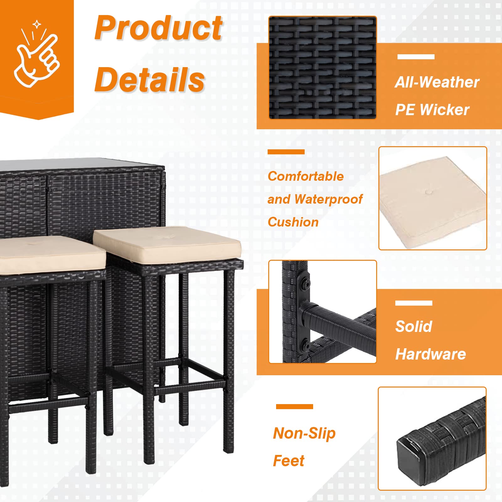SOLAURA 3-Piece Outdoor Patio Bar Set - Black & Brown Wicker Bar Table with 2 Stools, Cushions & 9 FT Champagne Umbrella - Perfect for Backyard, Poolside, Deck or Garden Relaxation