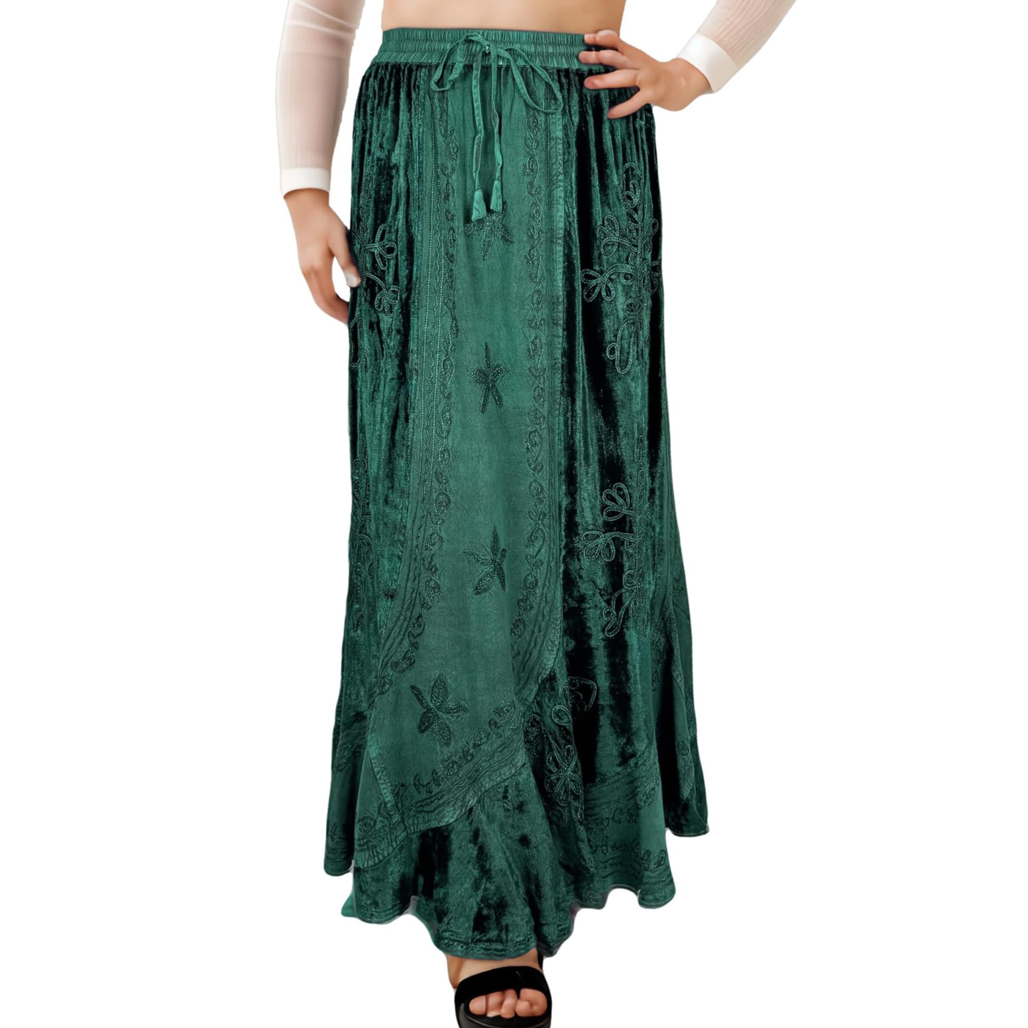 Agan Traders Women's 2025 Spring Winter Rayon Velvet Vintage Boho Embroidered High Waist Maxi Skirt - Long Flowy Skirts for Women | Perfect for Boho Chic Outfits, Festivals, and Casual Wear