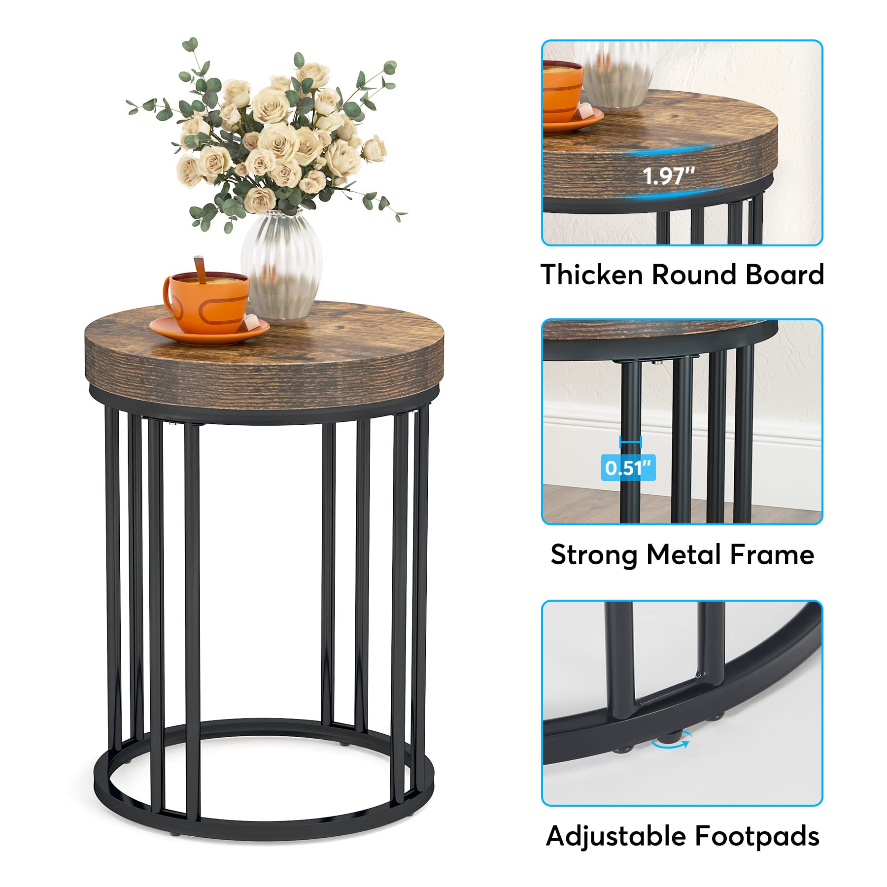 Modern Round End Table with Metal Frame & Wooden Circle Top - Rustic Brown & Black Nightstand for Bedroom, Living Room, Sofa - Space Saving Accent Table Easy to Assemble - Perfect for Small Spaces, Apartments & Home Decor