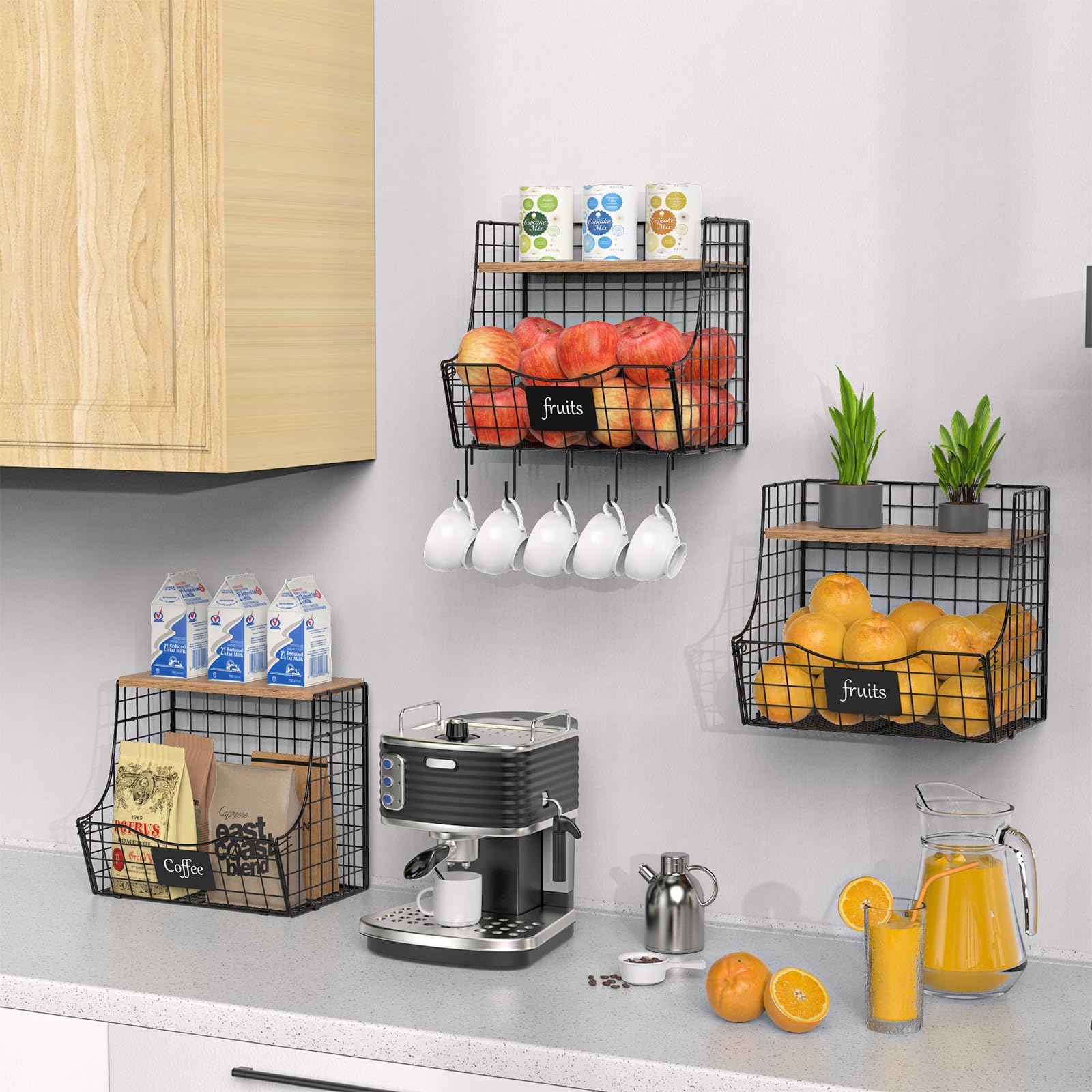 3 Pack Wooden Fruit Basket with Lid - Stackable Wall Mounted Kitchen Storage for Onions, Potatoes & Produce - Hanging Wire Baskets for Countertop & Pantry Organization - Perfect for Farmhouse & Modern Kitchens