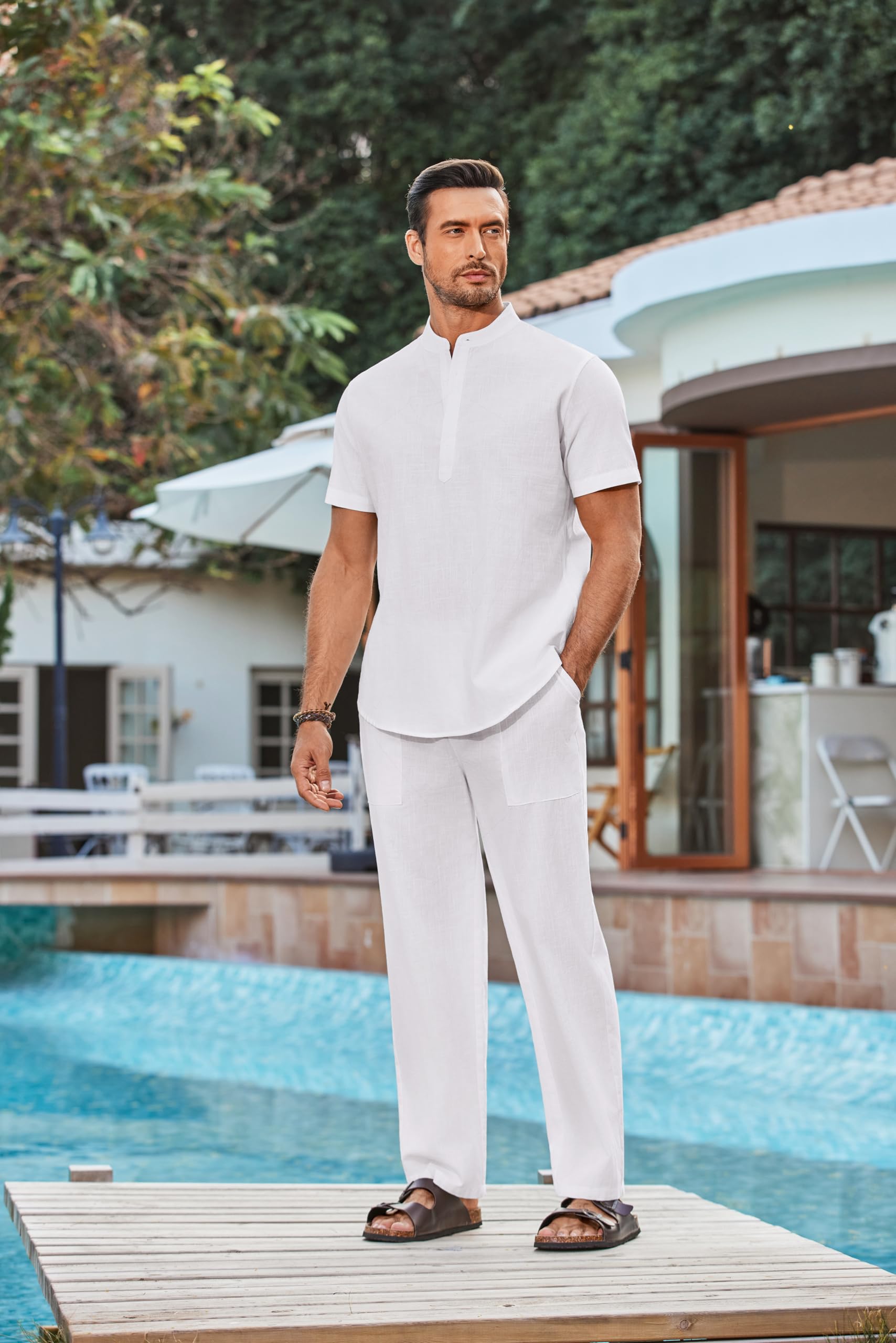 COOFANDY Men's 2-Piece Cotton Lounge Set - Short Sleeve Henley Shirt & Drawstring Beach Pants with Pockets | Breathable Summer Outfit for Vacation, Casual Wear & Beach Relaxation