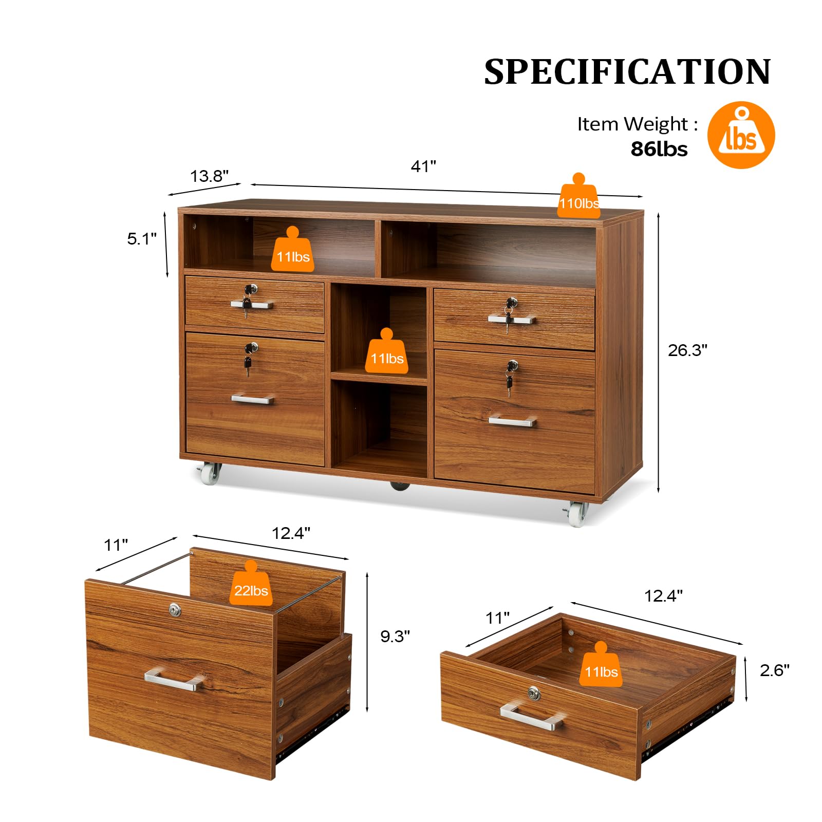 VINGLI 4-Drawer Wood Lateral File Cabinet with Lock & Open Shelves - Lockable Rolling Office Storage for Letter Size Files, Home Office Organization, Printer Stand (Walnut Finish) - Perfect for Home Office, Study Room & Workspace Storage