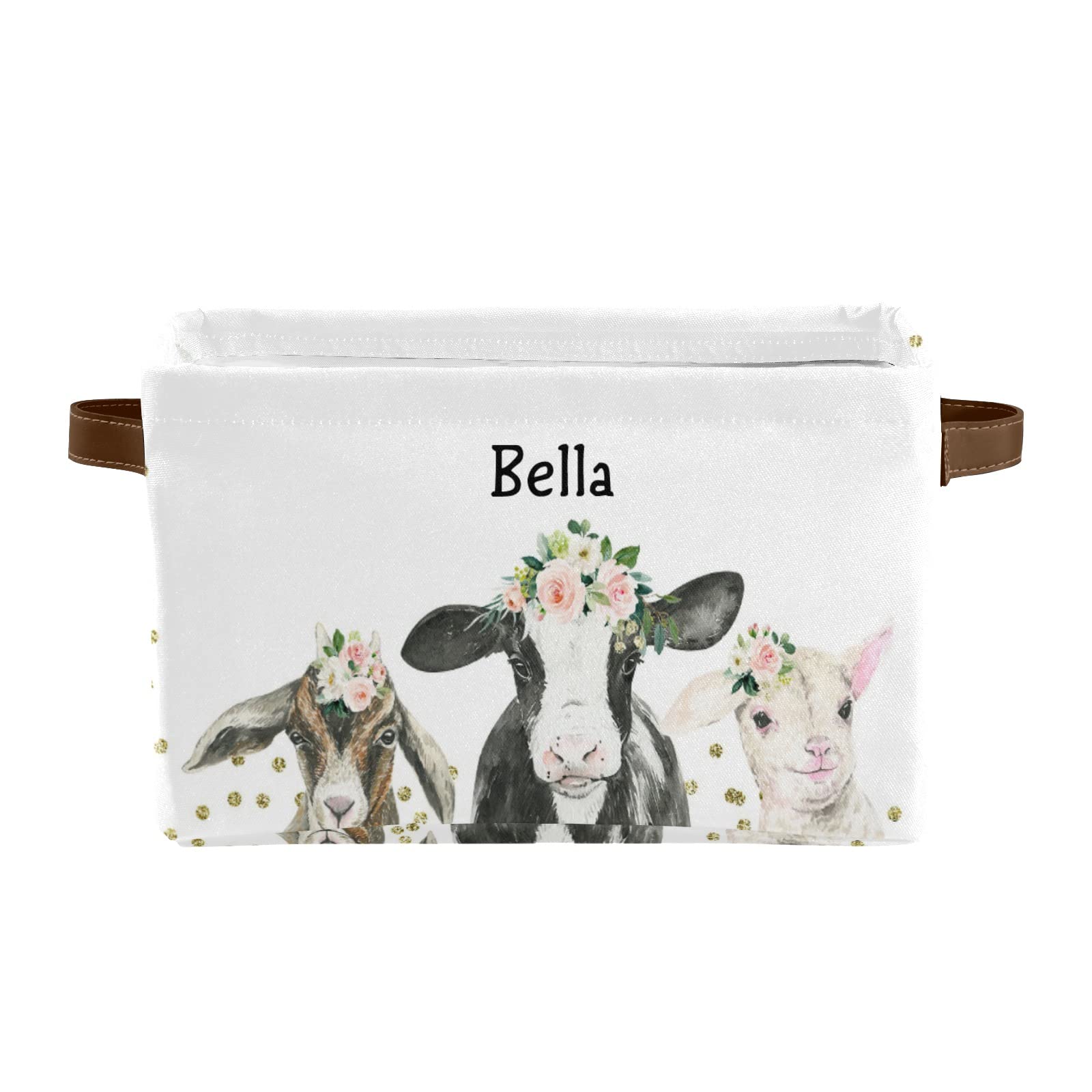 Personalized Watercolor Floral Cow Storage Basket with Name - Rectangular Home & Kitchen Organizer Bin (4 Pack) - Perfect for Nursery, Bathroom, and Living Room Organization