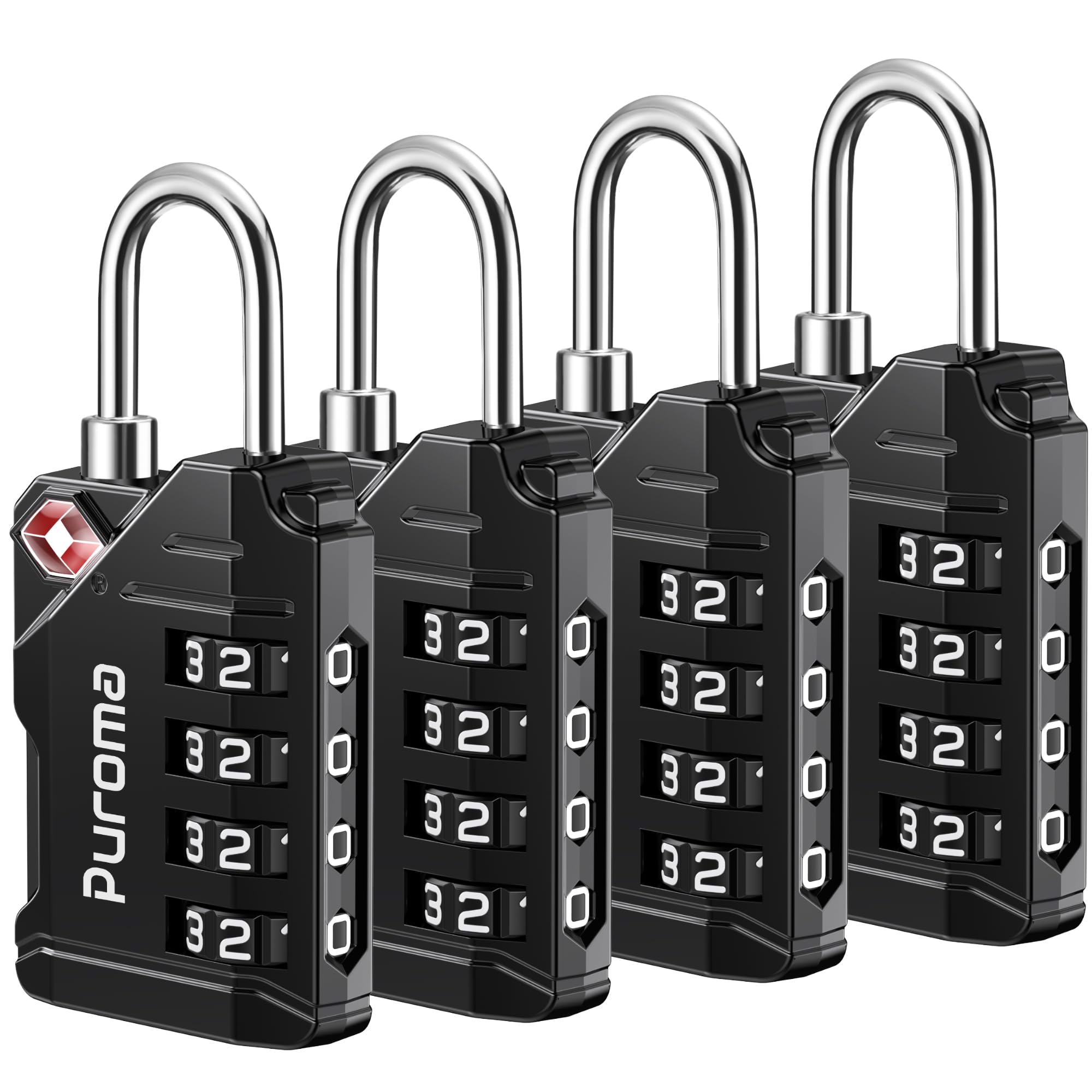 Puroma 4-Pack TSA Approved Luggage Locks - Black 4-Digit Resettable Combination Locks with Zinc Alloy Body for Travel, Suitcases, Backpacks & Gym Lockers | Secure Your Belongings During Air Travel, Commuting & Workouts
