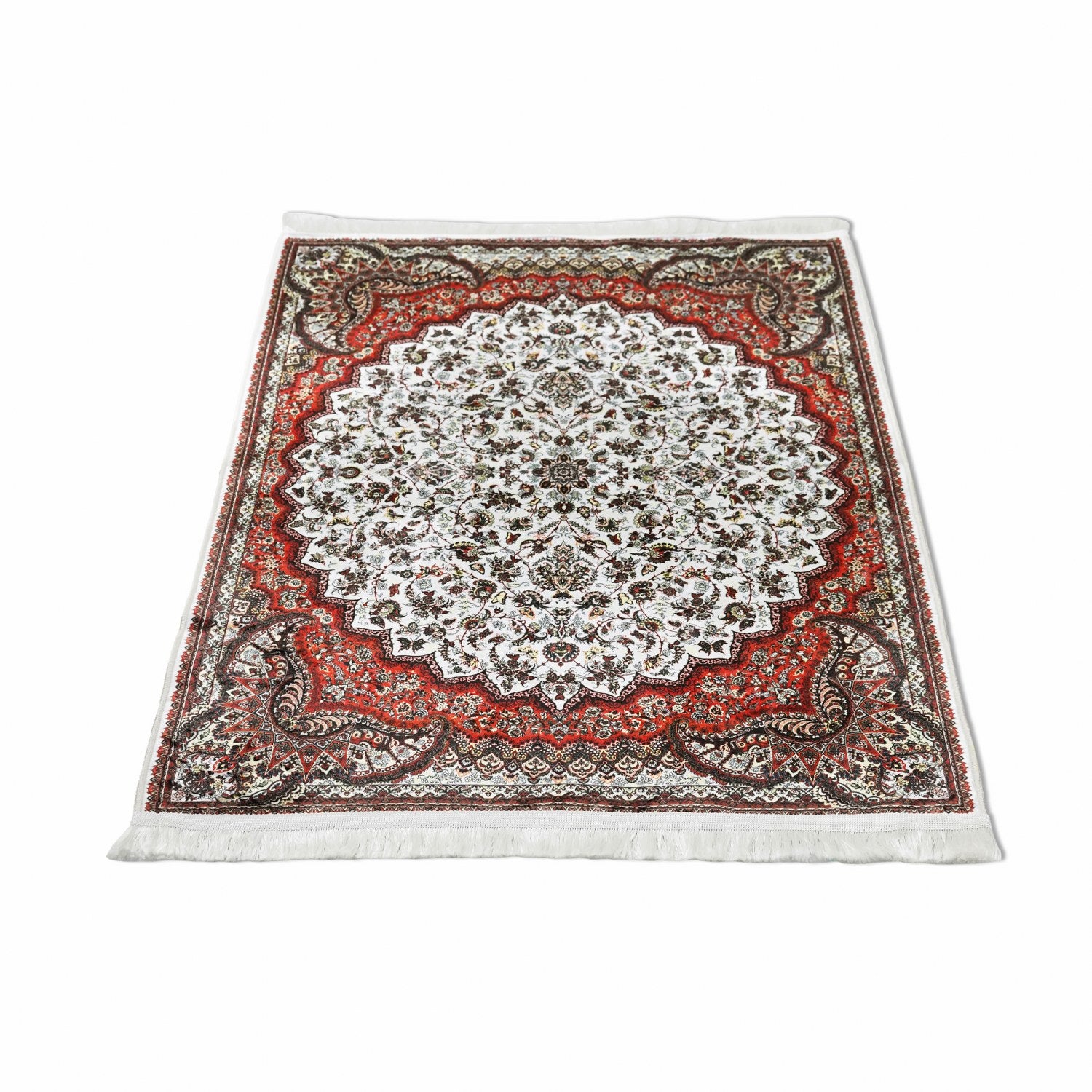 Premium Islamic Prayer Rug - White & Red Ornate Design Muslim Prayer Mat for Home & Mosque - Perfect for Daily Salah, Jummah & Ramadan Worship