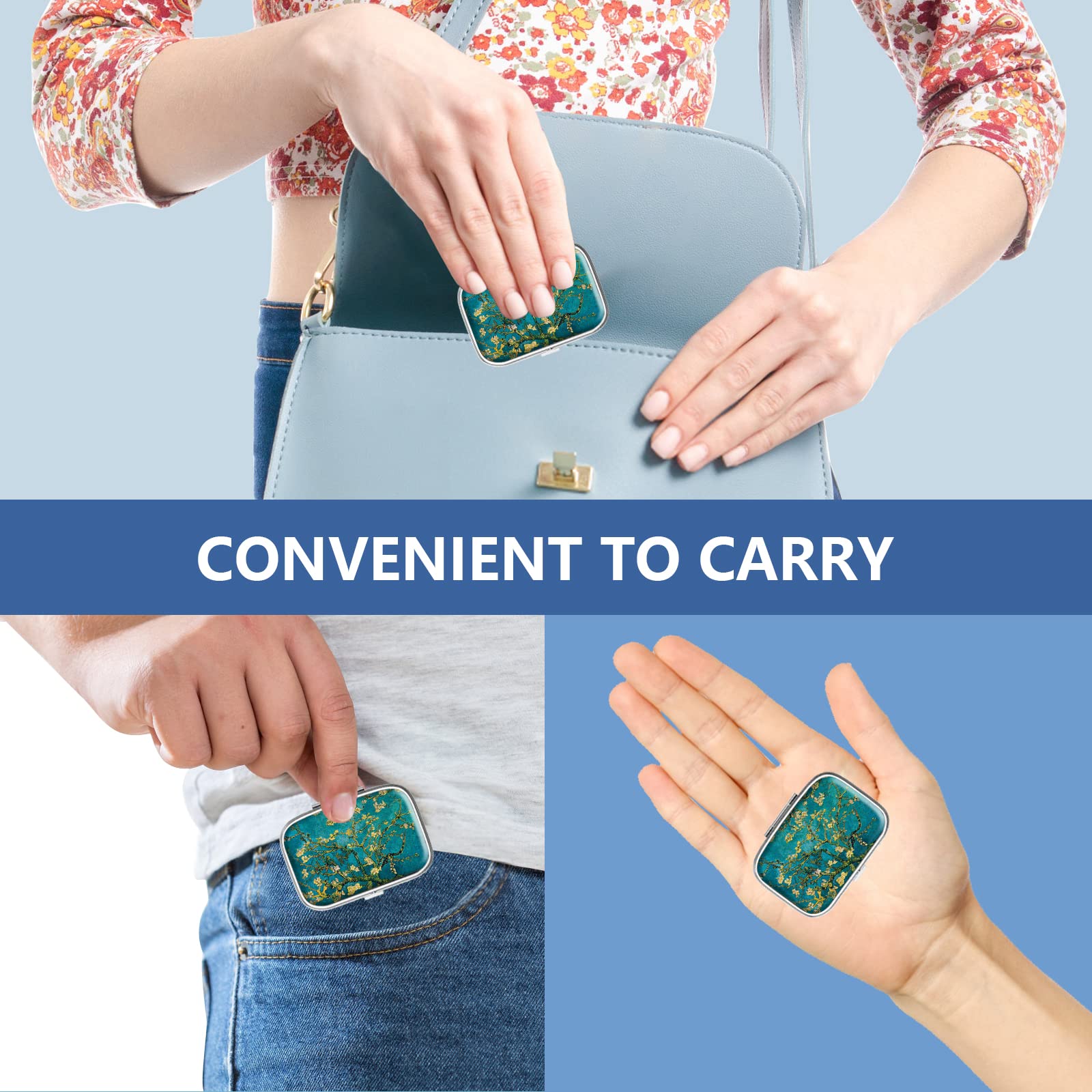 2 Compartment Metal Pill Organizer - Portable Medicine Case for Vitamins & Pills - Decorative Pocket or Purse Pill Box (4 Pack) - Perfect for Travel, Daily Medication & Unique Gifts