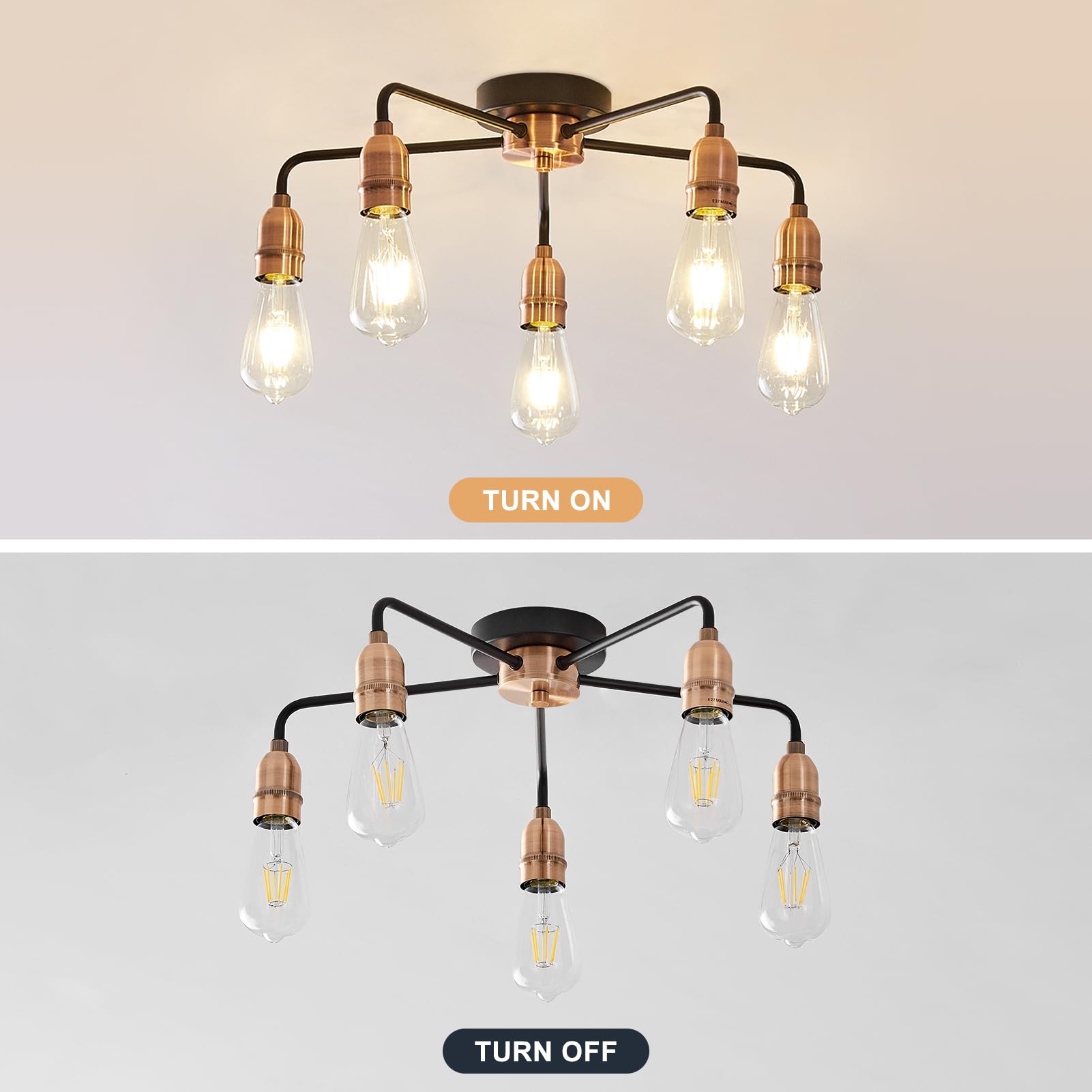 HARPER LIVING E27/ES Semi-Flush Ceiling Light Fixture - Black with Matte Silver Finish, LED Compatible for Energy Saving - Perfect for Living Room, Bedroom, Kitchen, Hallway, Hotel & B&B Lighting - 5-Light Modern Ceiling Lamp for Home & Commercial Spaces (Black & Copper)