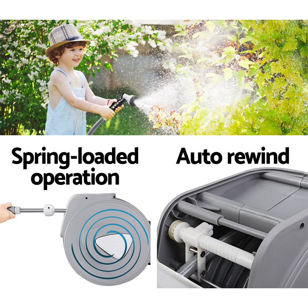 30M Retractable Garden Hose Reel with Auto Rewind & Spray Gun - Perfect for Lawn Care, Car Washing, and Outdoor Cleaning
