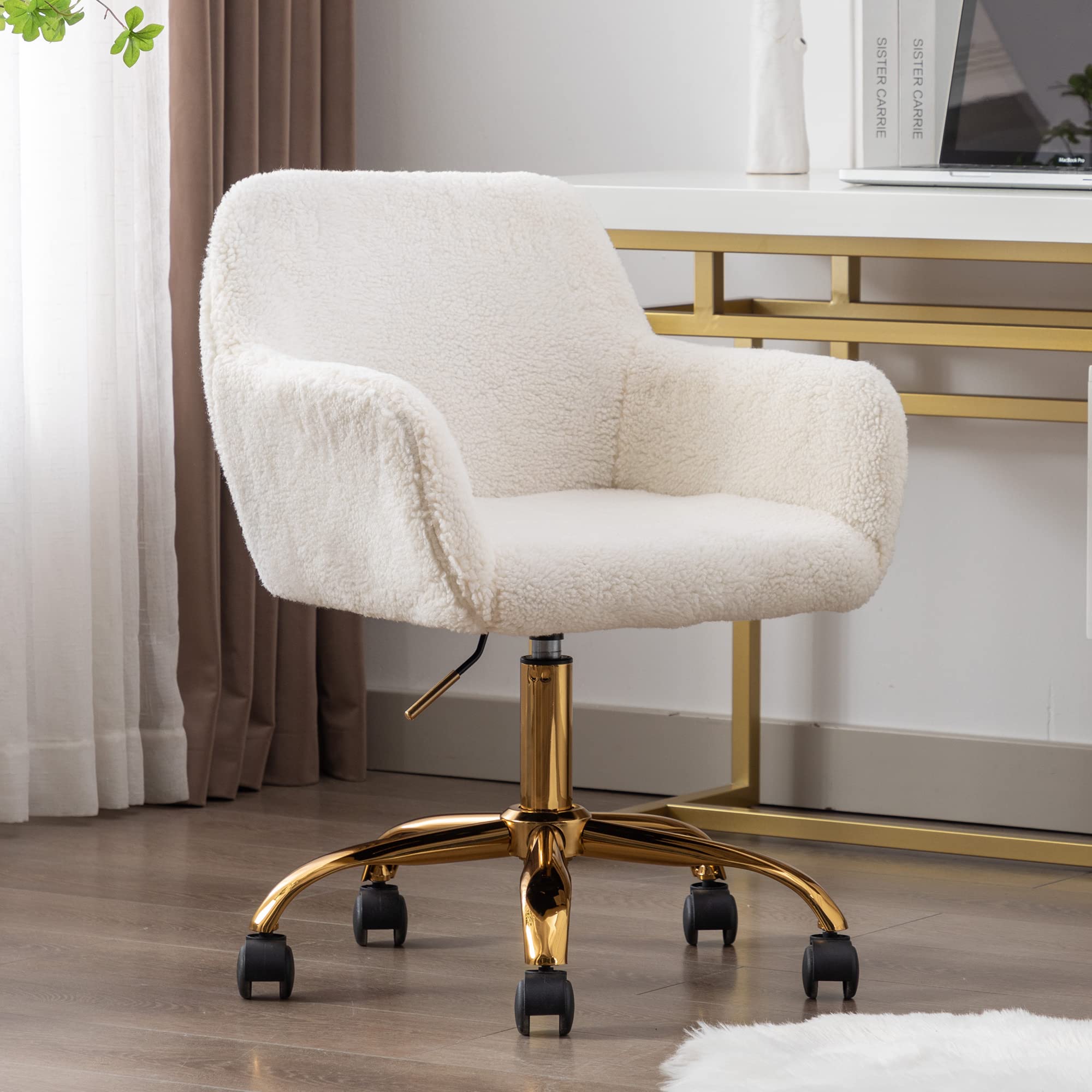 KCC Faux Fur Office Desk Chair - Soft Swivel Armchair with Wheels, Adjustable Height Upholstered Fuzzy Vanity Chair in White | Perfect for Home Office, Gaming Setup & Makeup Vanity