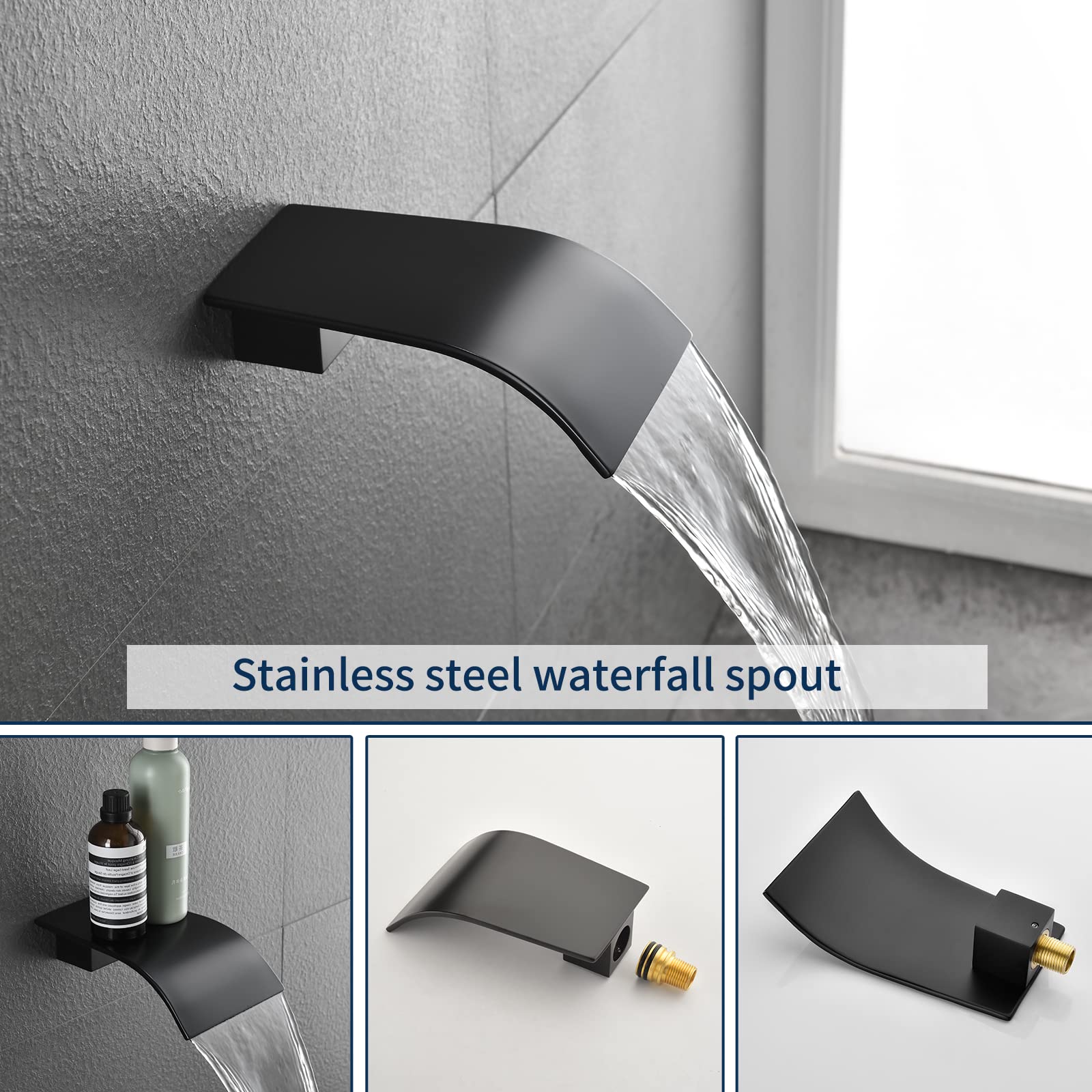 Matte Black Shower Valve Trim Kit with Tub Spout - Complete Wall Mounted Tub Shower System Set - Includes Rough-in Valve - Perfect for Bathroom Renovation & Modern Home Upgrade