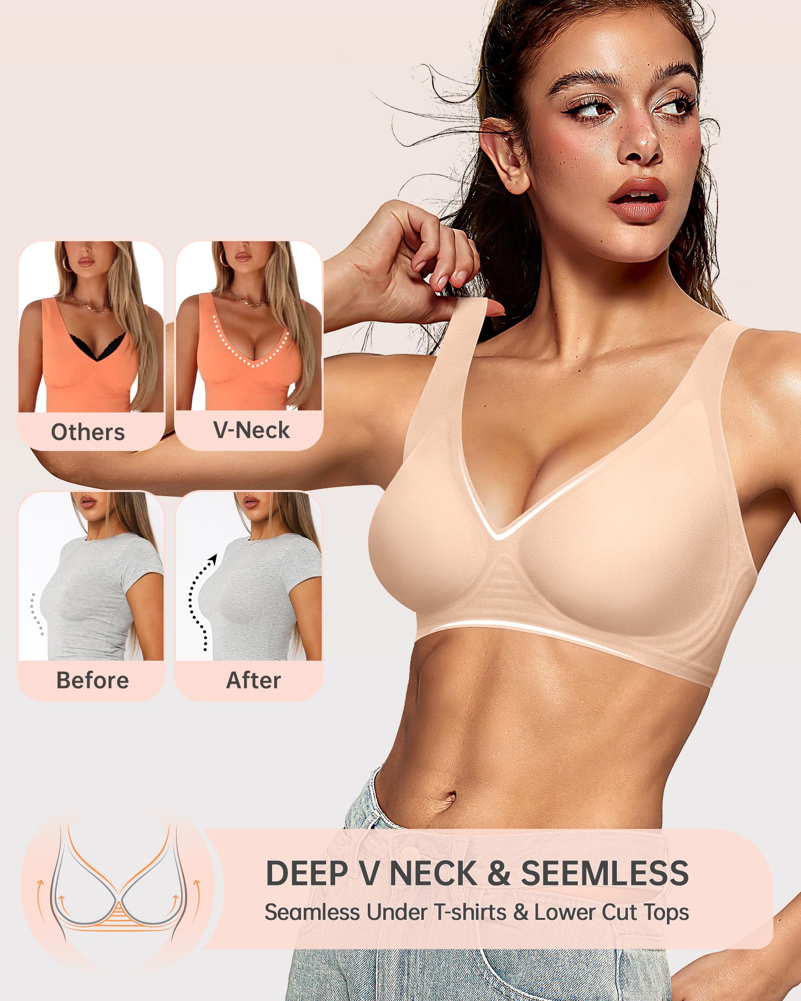 OEAK Women's Deep V Push Up Bralette - Comfortable Seamless Plunge Bra, No Underwire, Low Cut for T-Shirts | Perfect for Everyday Wear, Date Nights & Layering Under Clothes