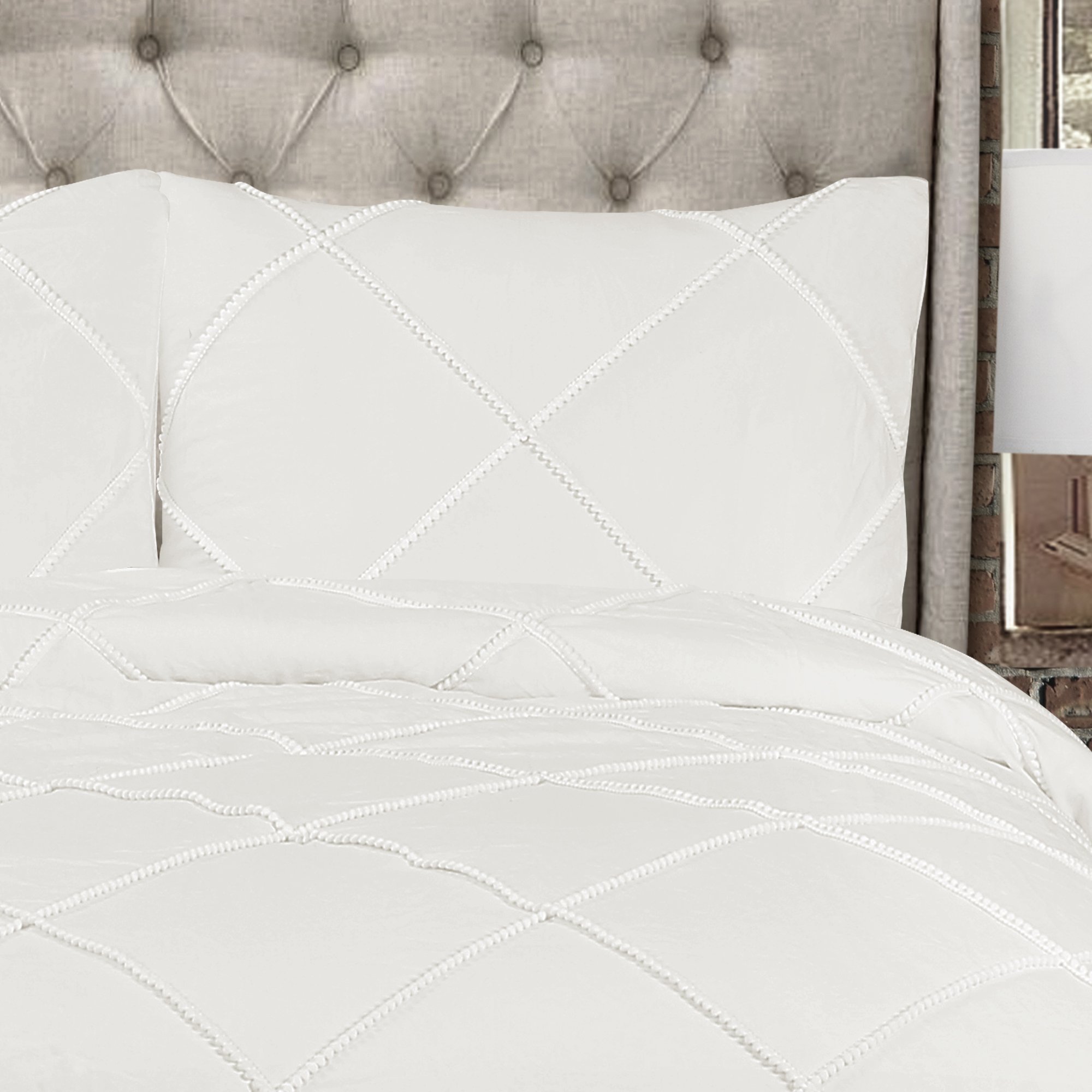 Lush Decor Diamond Pom Pom King Comforter Set - White for Bedroom Decor