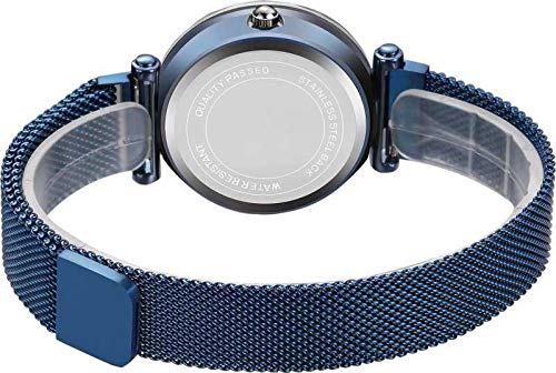 Premium Acnos Stainless Steel Women's Watch - Black Round Diamond Dial with Blue Magnet Belt, Analog Timepiece for Everyday Wear & Special Occasions (DM-Blue10) | Perfect for Office, Parties & Gifts