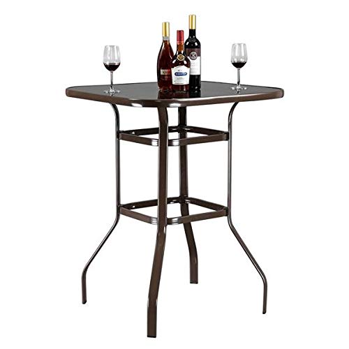 Rustic Wrought Iron and Glass High Bar Table - Brown Patio Bar Height Table for Outdoor Dining, Kitchen Island, or Pub Setting