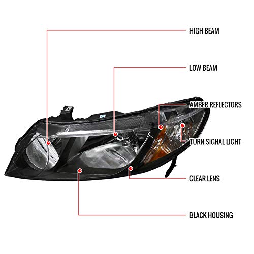 06-11 Honda Civic Sedan 4Dr Headlights - JDM Black Housing with Amber LED Lights for Si, EX, LX, DX, GX & Hybrid Models | Perfect for Night Driving & Car Customization