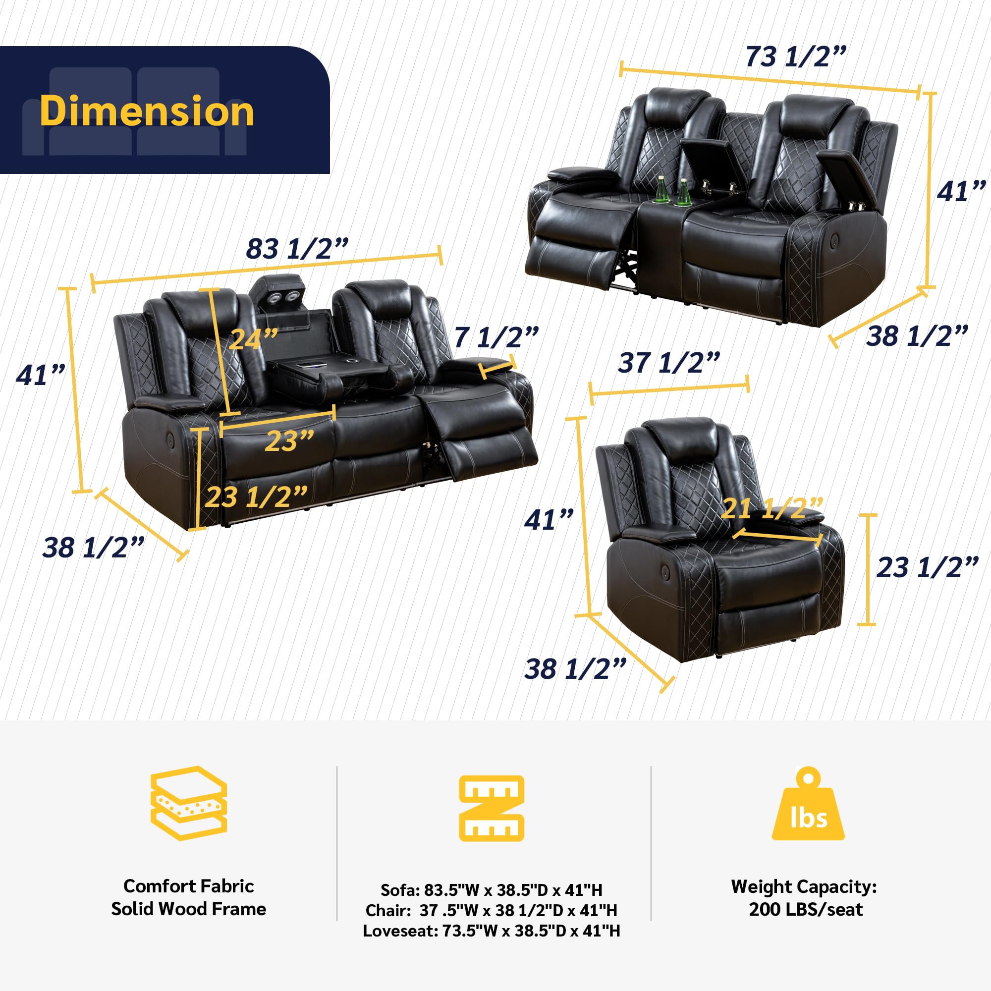 Electric Power Recliner Sofa Set with LED Lights - Modern Living Room Furniture for Home, Dorm, Guest House & Airbnb | Perfect for Relaxing, Movie Nights & Small Spaces