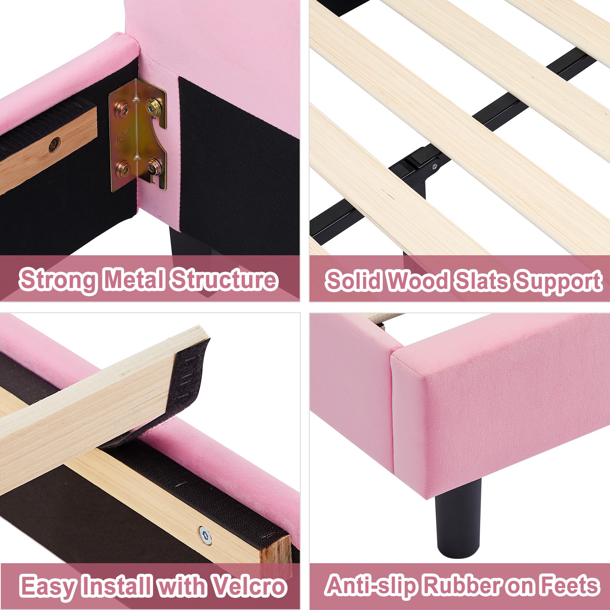 VECELO Twin Size Bed Frame for Kids with Upholstered Headboard - Wooden Slat Support, No Box Spring Needed - Princess Style Bed for Girls - Perfect for Bedrooms, Playrooms & Sleepovers