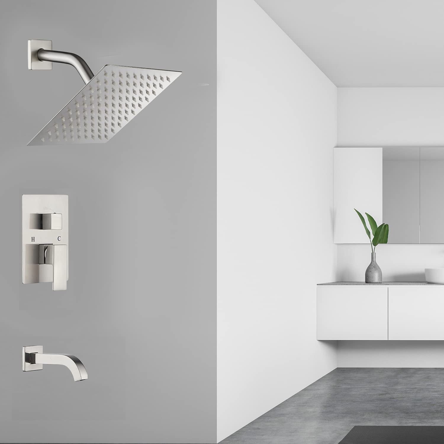GGStudy Brushed Nickel Shower Trim Kit with Rough-in Valve - 8 Inch Square Stainless Steel Rainfall Shower Head & Tub Faucet System - Dual Function Bathroom Set for Modern Home Spa Experience