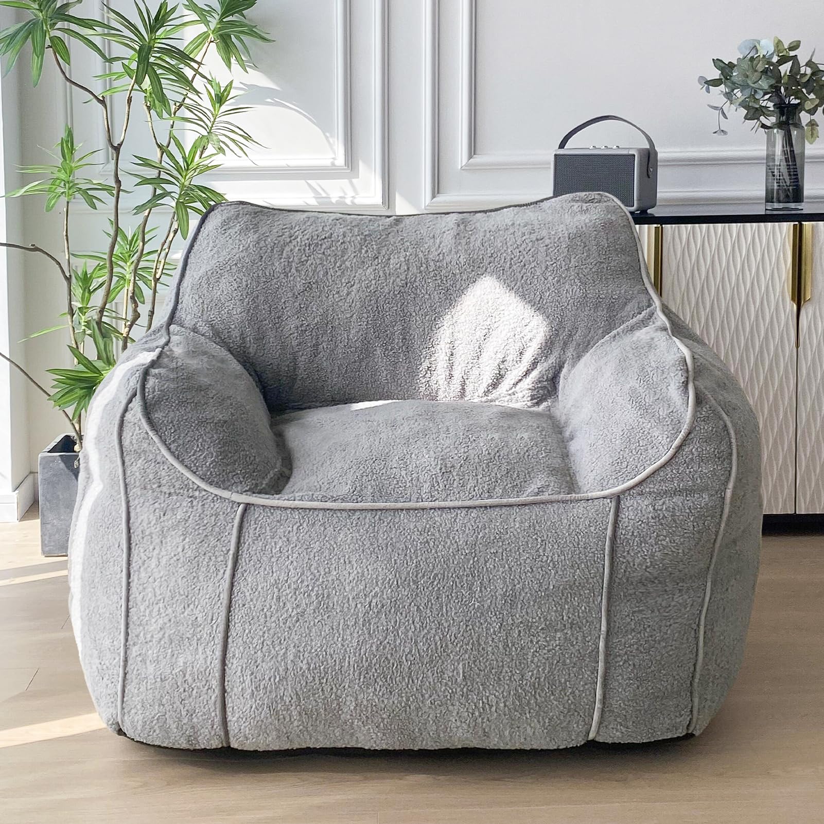 MAXYOYO Giant Bean Bag Chair for Adults - Large Fluffy Bean Bag Couch with Decorative Edges, Grey - Perfect for Living Room, Bedroom, Game Room & Dorm Relaxation