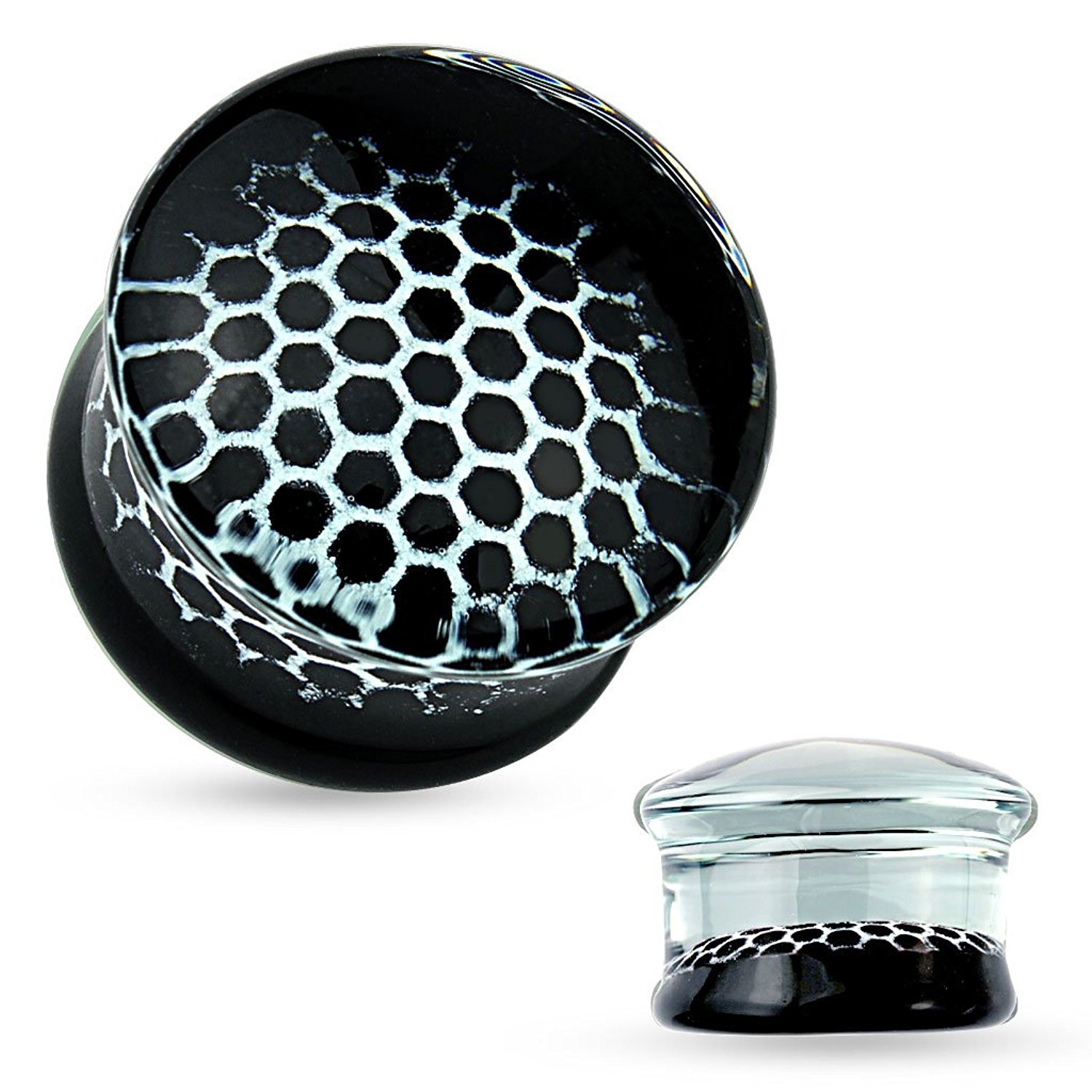 Black Honeycomb Pyrex Glass Double Flared Plugs - Covet Jewelry for Ear Stretching