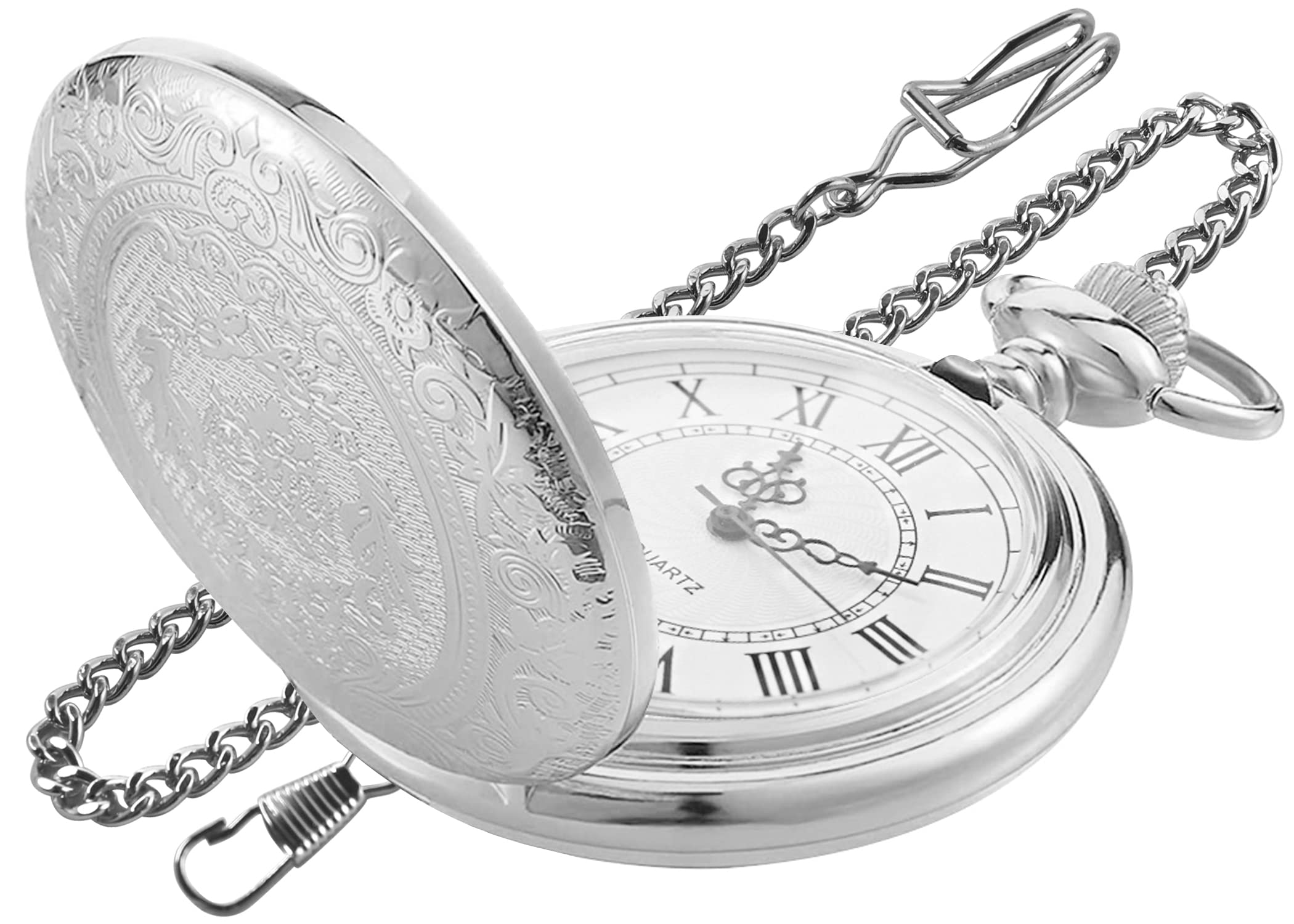 Vintage Silver Large Decorative Floral Pocket Watch with White Roman Numerals - Antique Style Quartz Pocket Watch for Men - Perfect for Weddings, Gifts & Steampunk Fashion Accessories